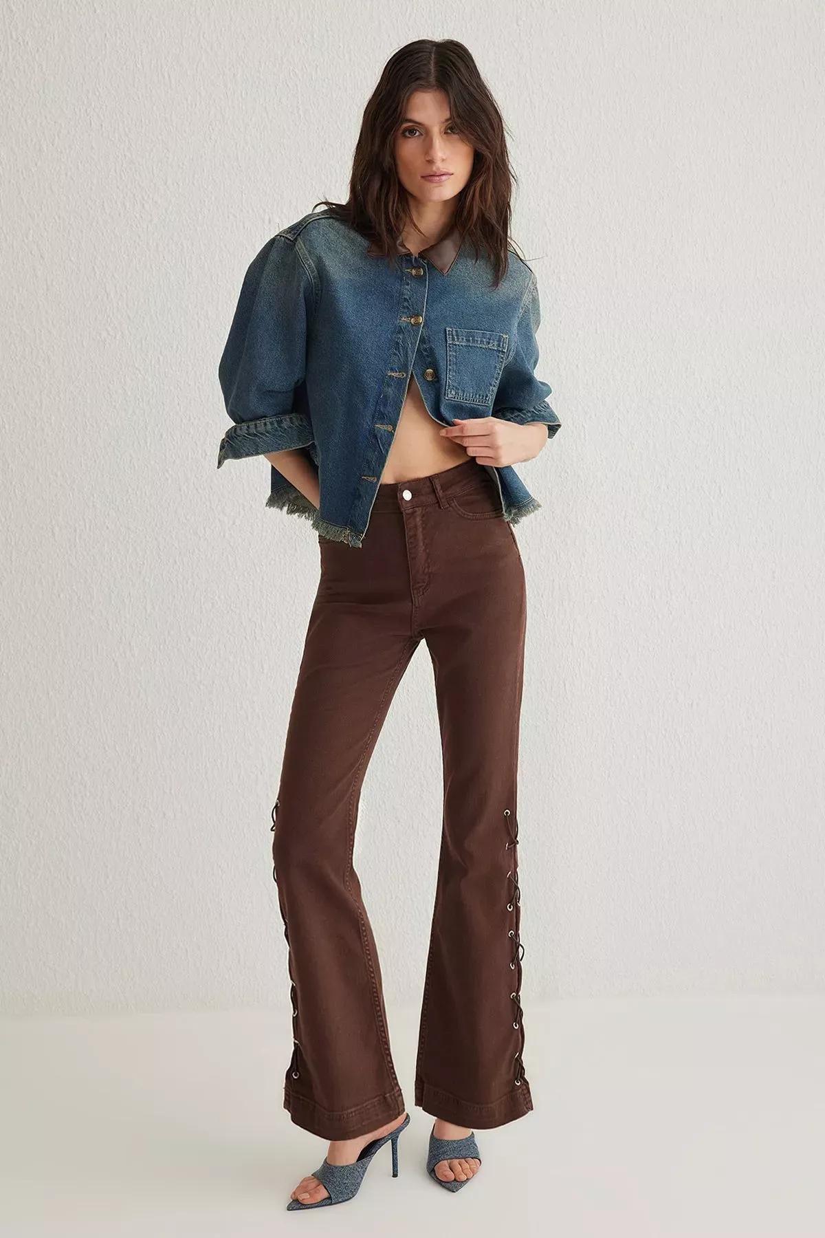 Brown Eyelet Flare Jeans, , large image number 0