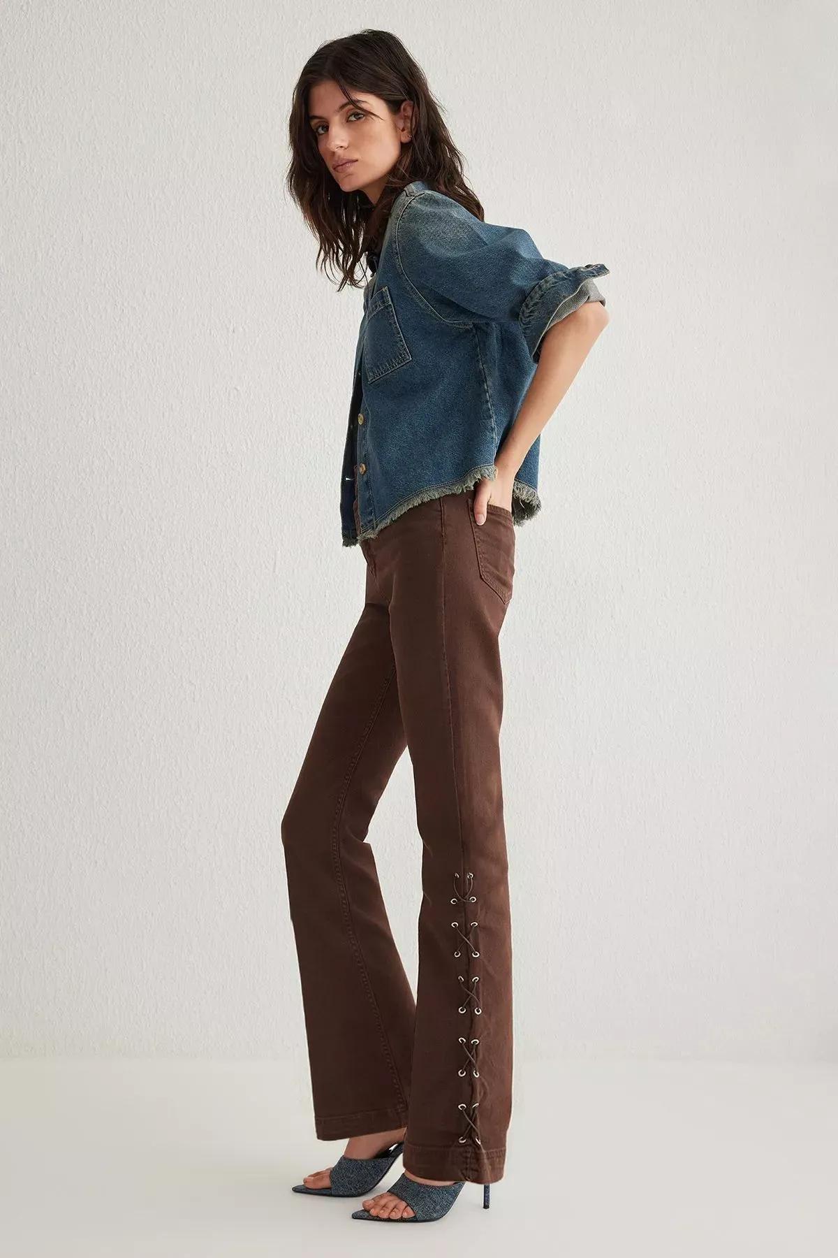 Brown Eyelet Flare Jeans, , large image number 1