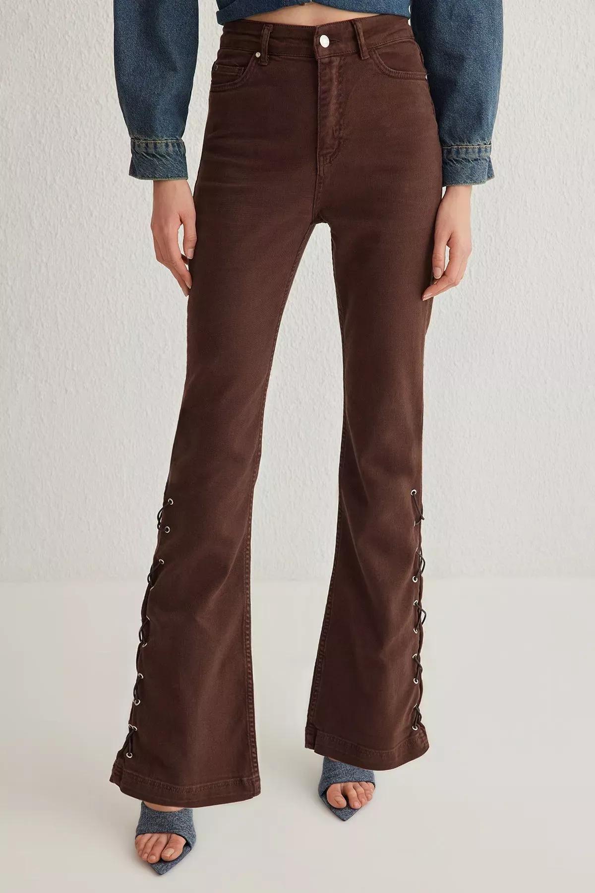 Brown Eyelet Flare Jeans, , large image number 2