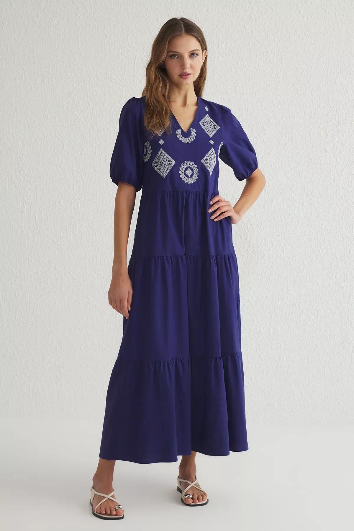 Navy Embroidered Maxi Woven Dress, , large image number 0