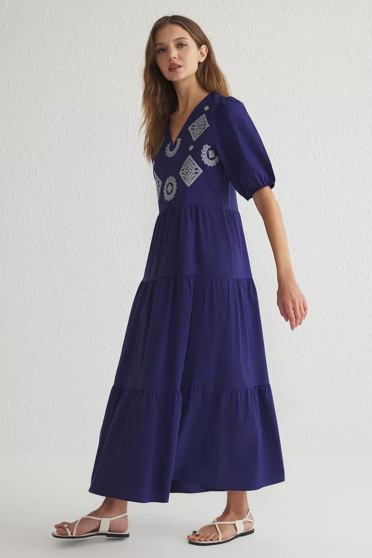 Navy Embroidered Maxi Woven Dress, , large image number 1