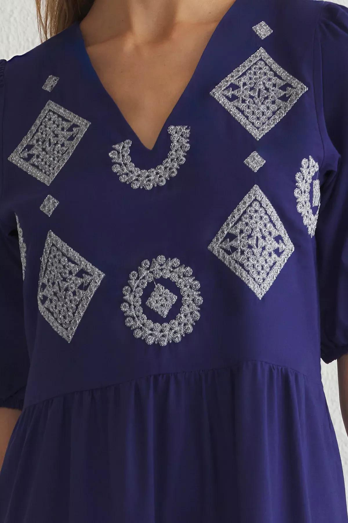 Navy Embroidered Maxi Woven Dress, , large image number 2