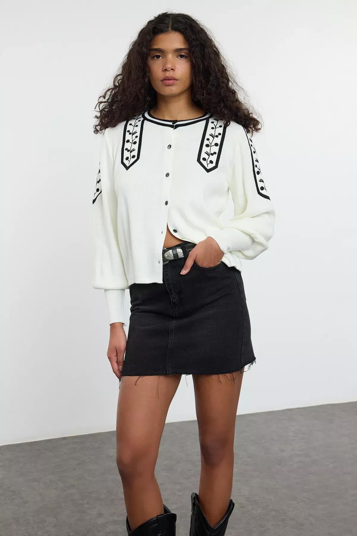 Beige Embroidered Knit Cardigan, , large image number 0