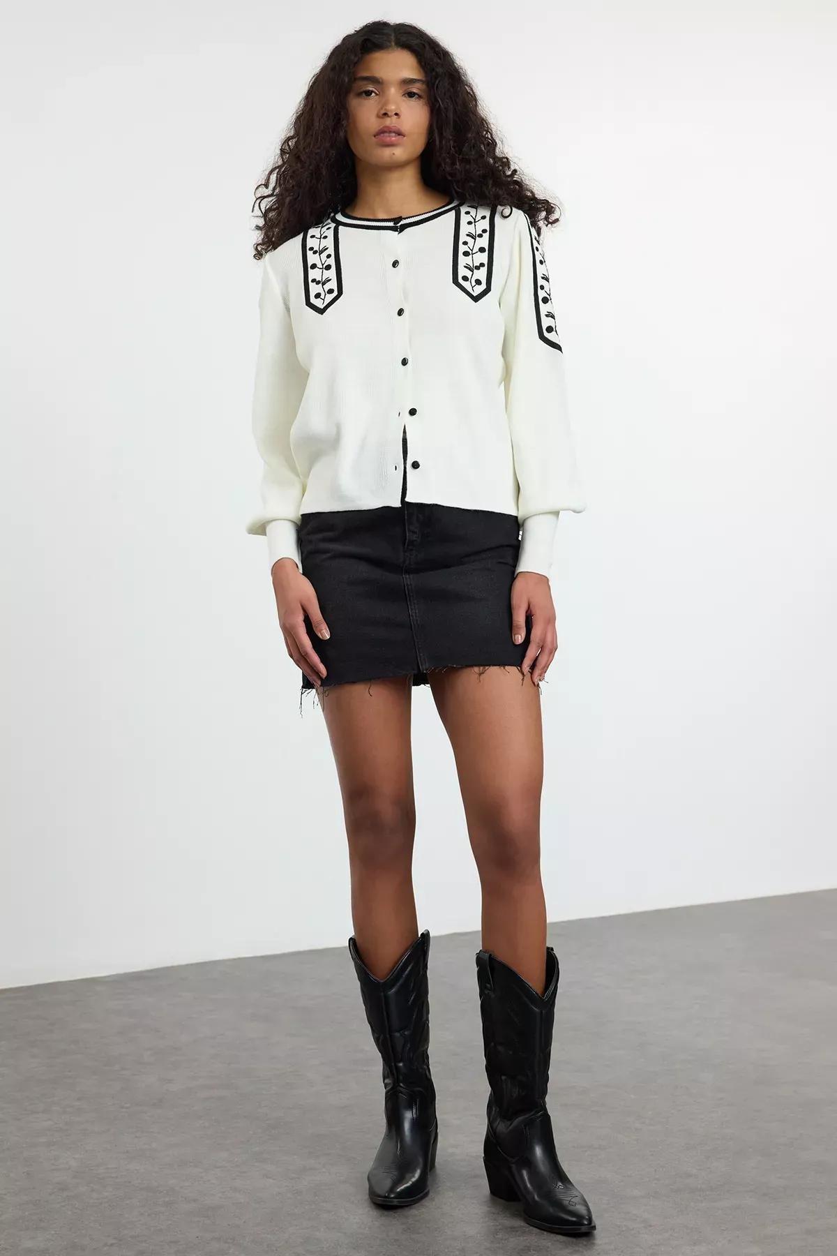 Beige Embroidered Knit Cardigan, , large image number 1