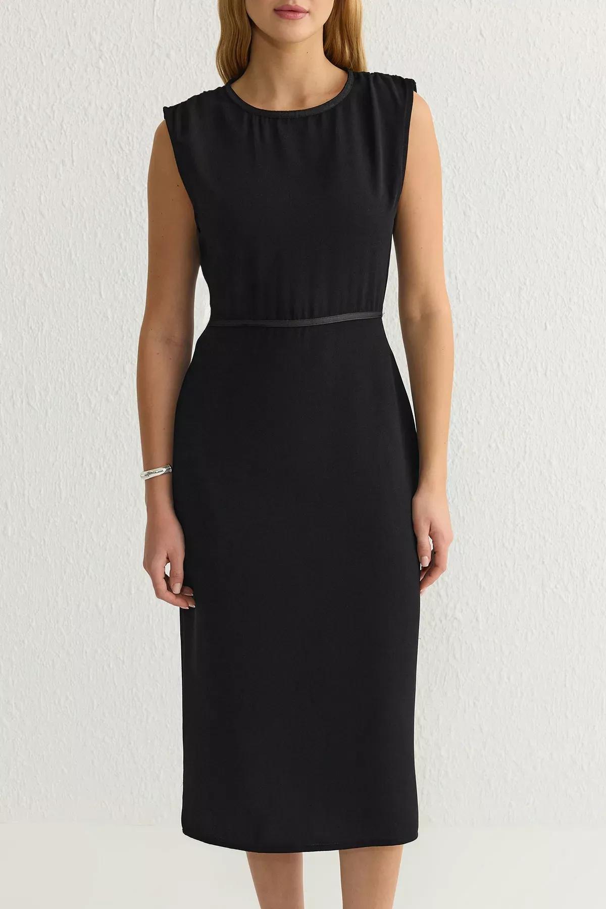 Black A-Line Midi Woven Crepe Dress, , large image number 2