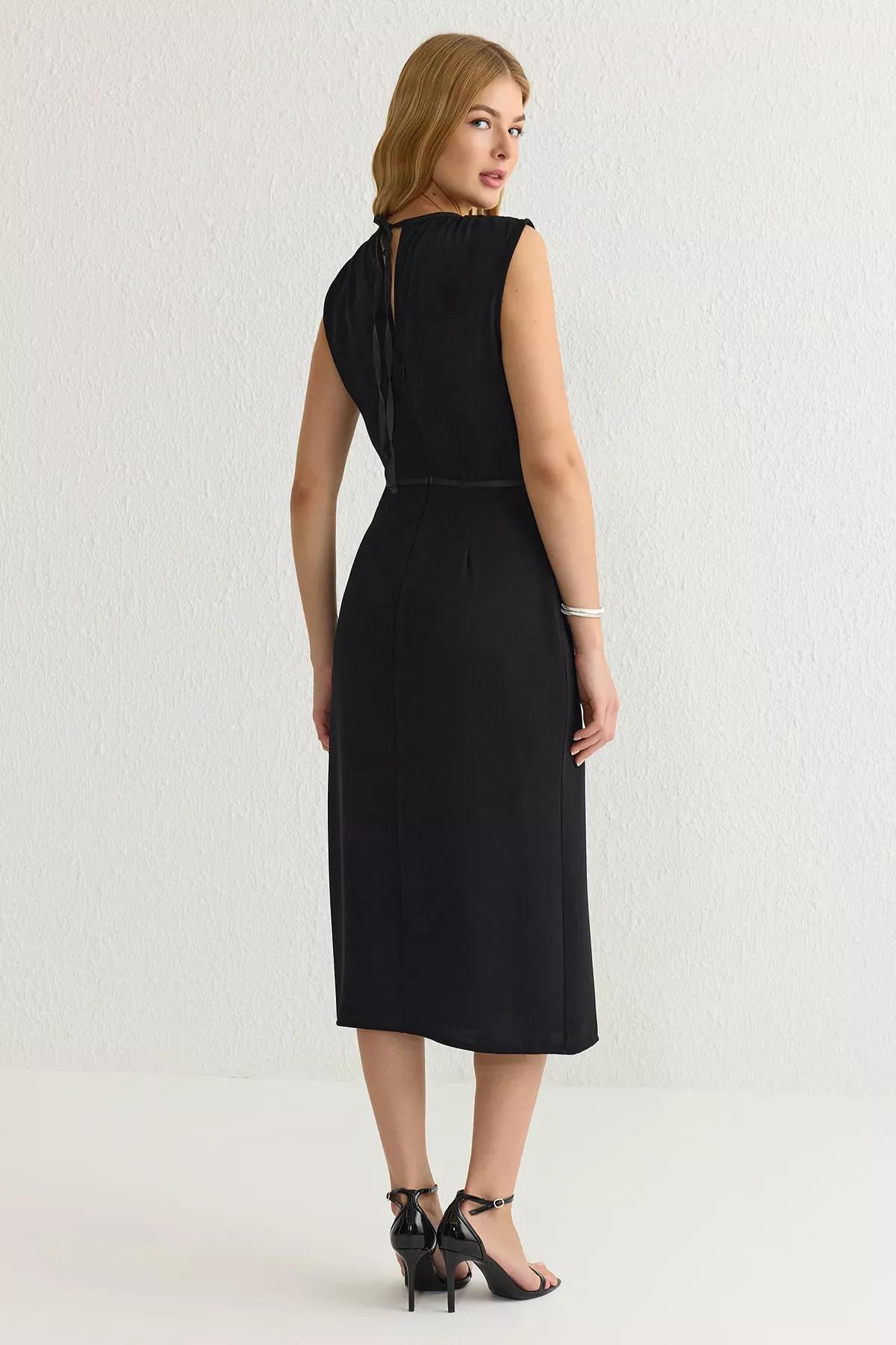 Black A-Line Midi Woven Crepe Dress, , large image number 4