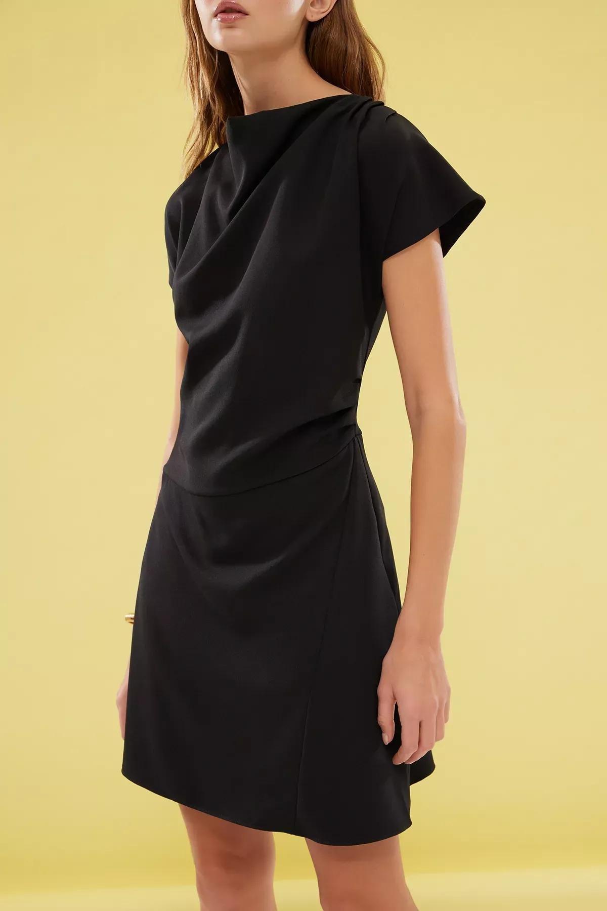Black A-Line Cowl Neck Mini Dress, , large image number 2