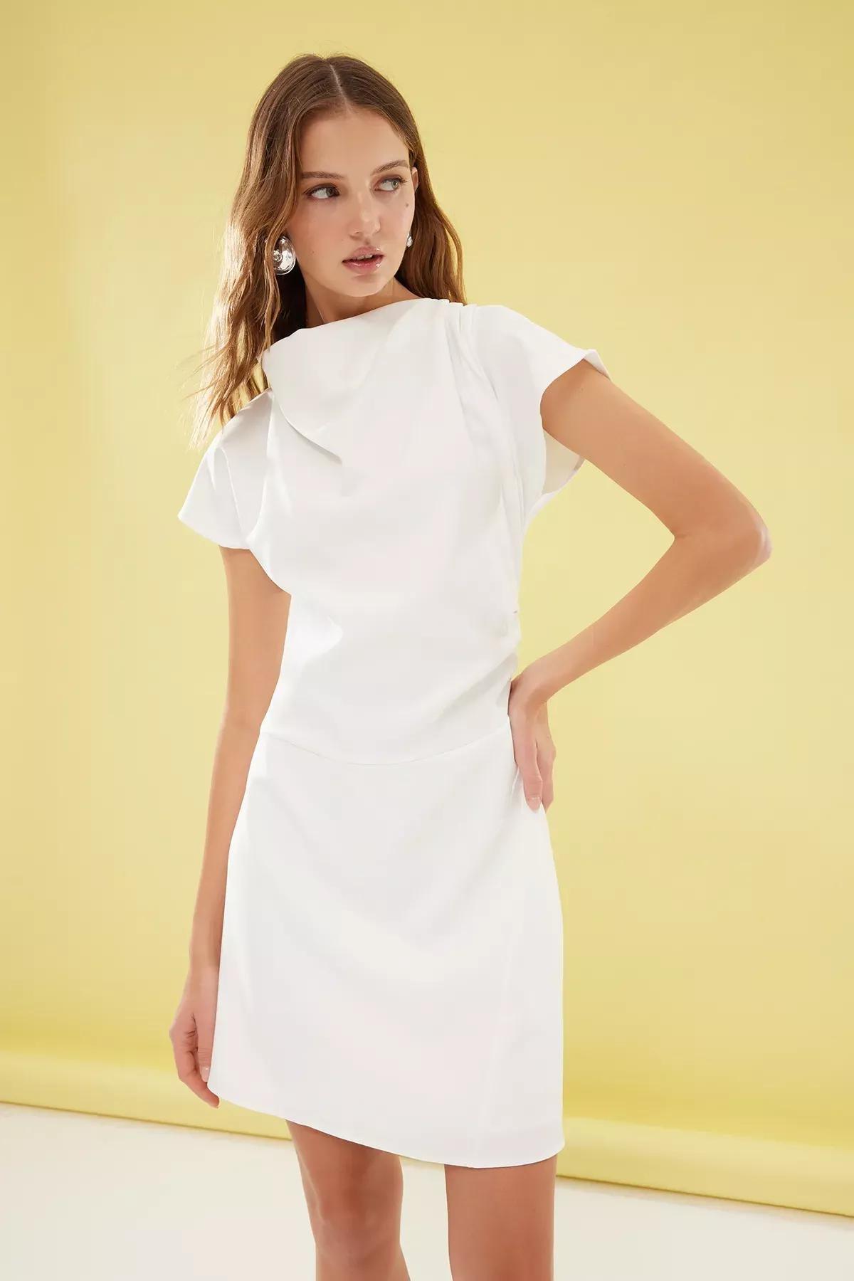 White A-Line Cowl Neck Mini Dress, , large image number 1