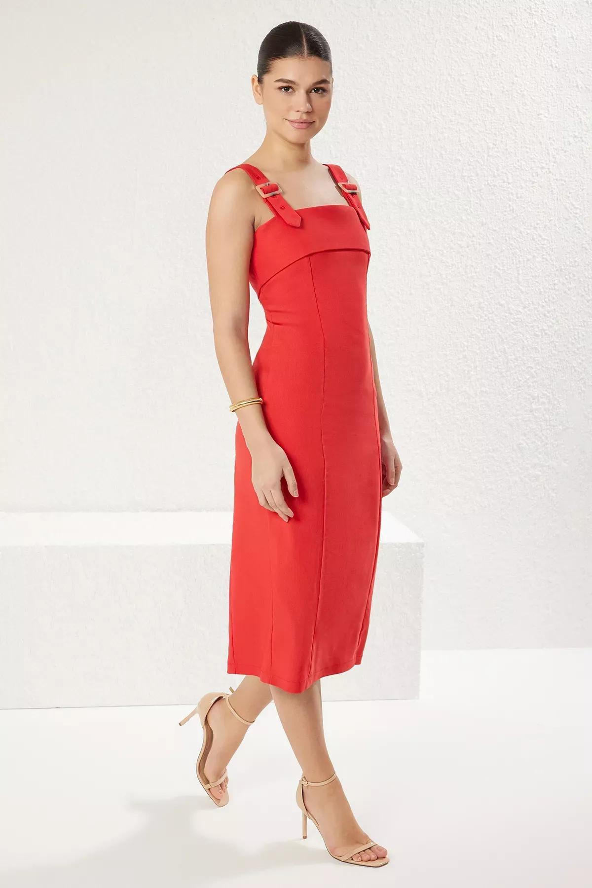 Red A-Cut Detailed Midi Woven Dress, Red, large image number 0
