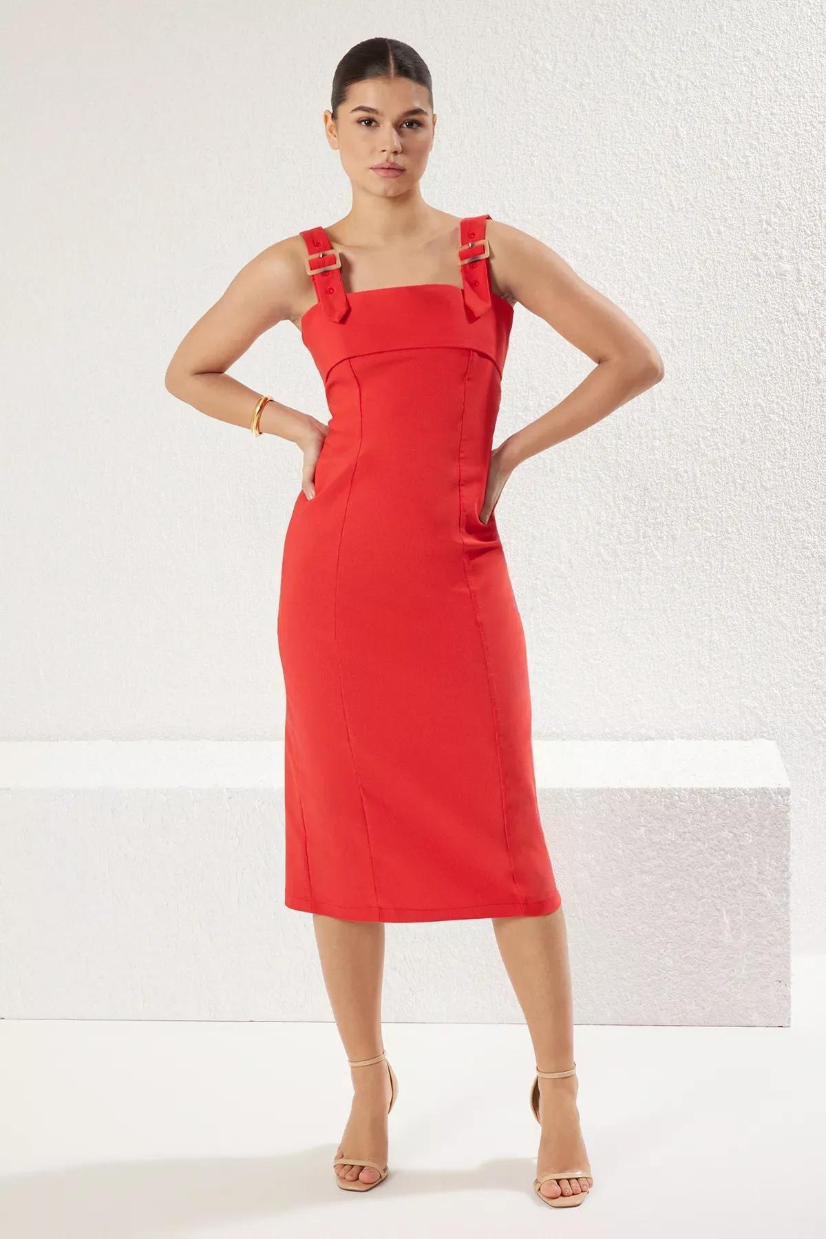 Red A-Cut Detailed Midi Woven Dress, Red, large image number 1