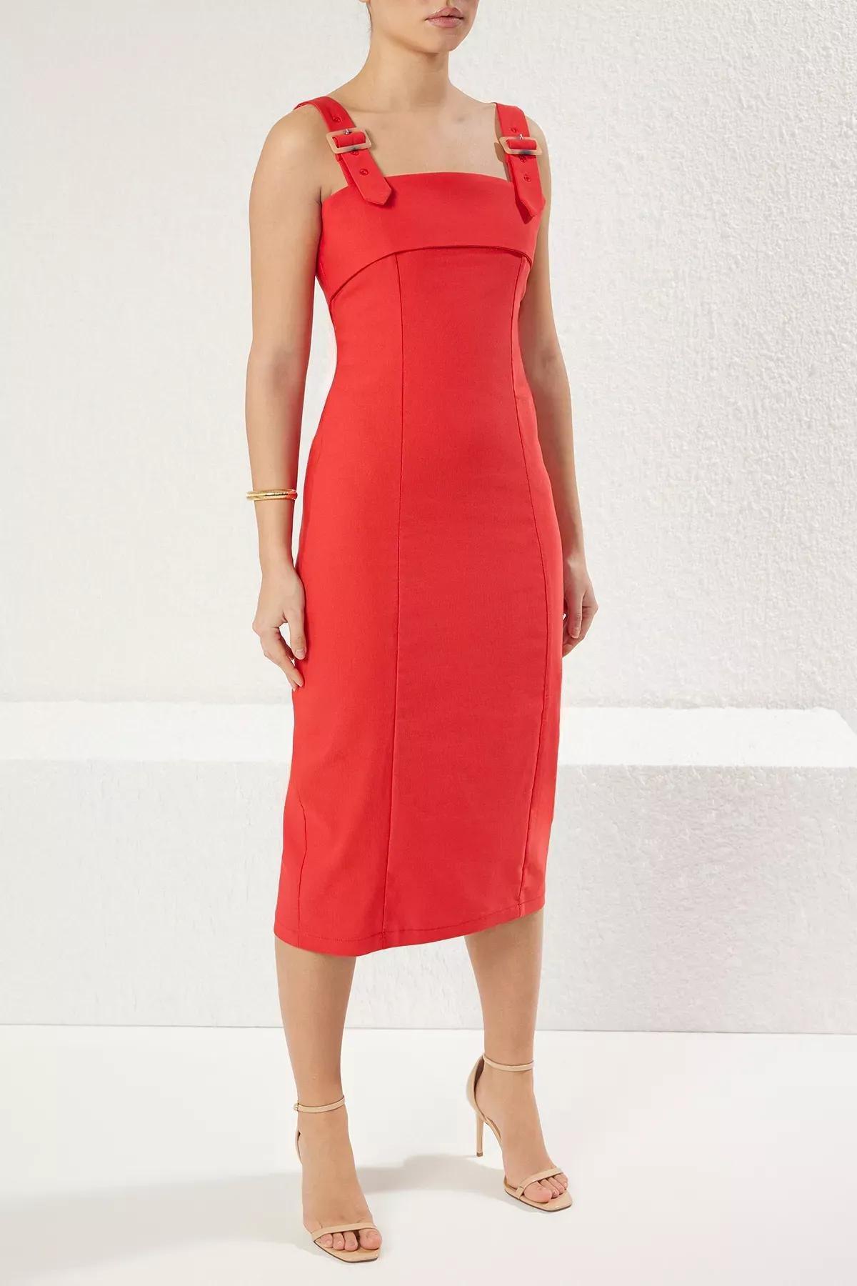 Red A-Cut Detailed Midi Woven Dress, Red, large image number 2