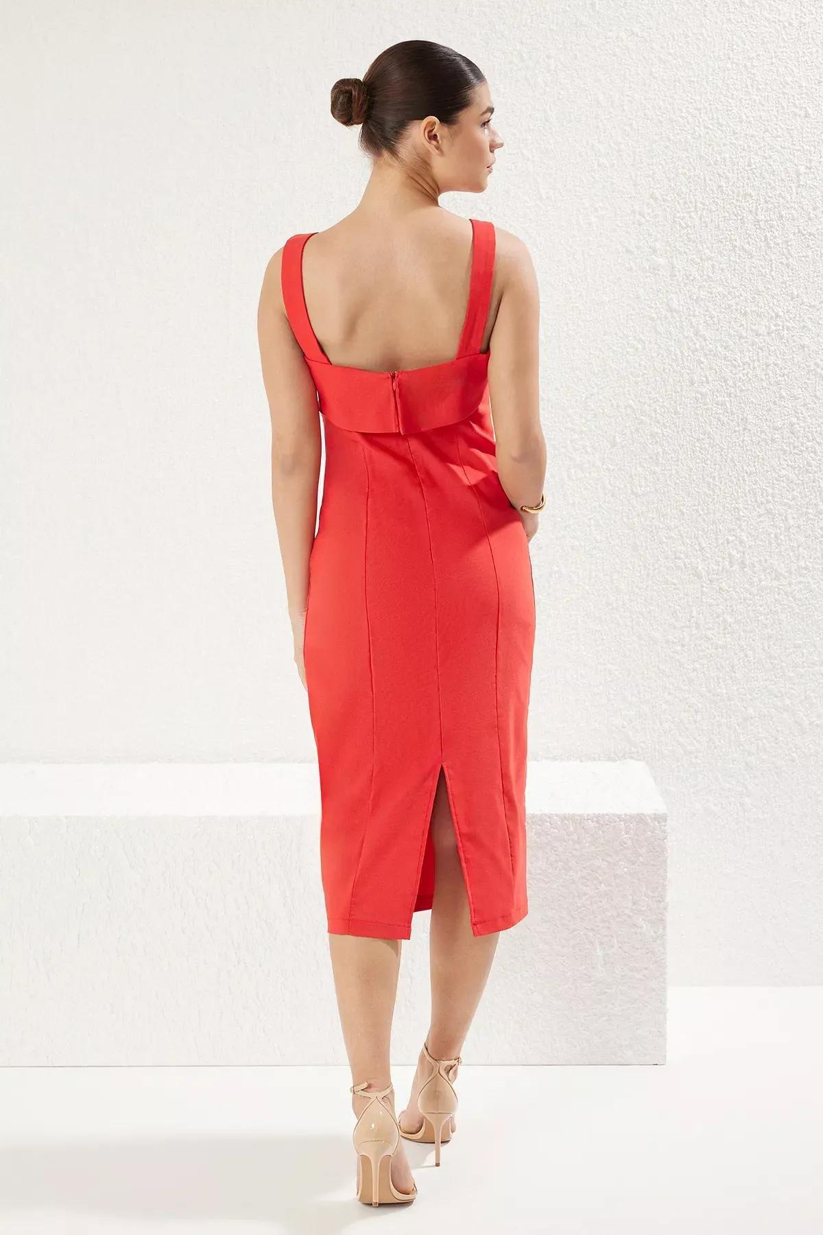 Red A-Cut Detailed Midi Woven Dress, Red, large image number 4