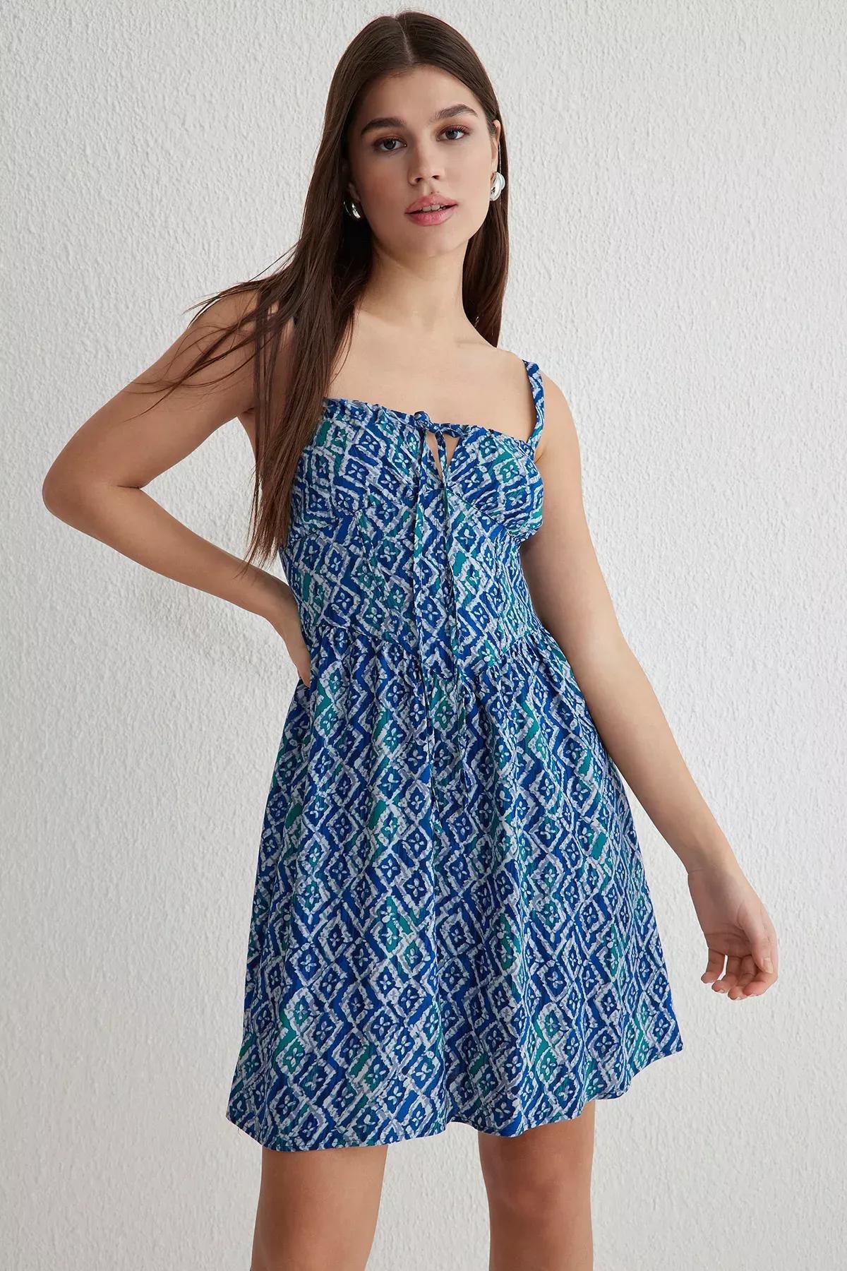 Blue Geometric Mini Dress, , large image number 0