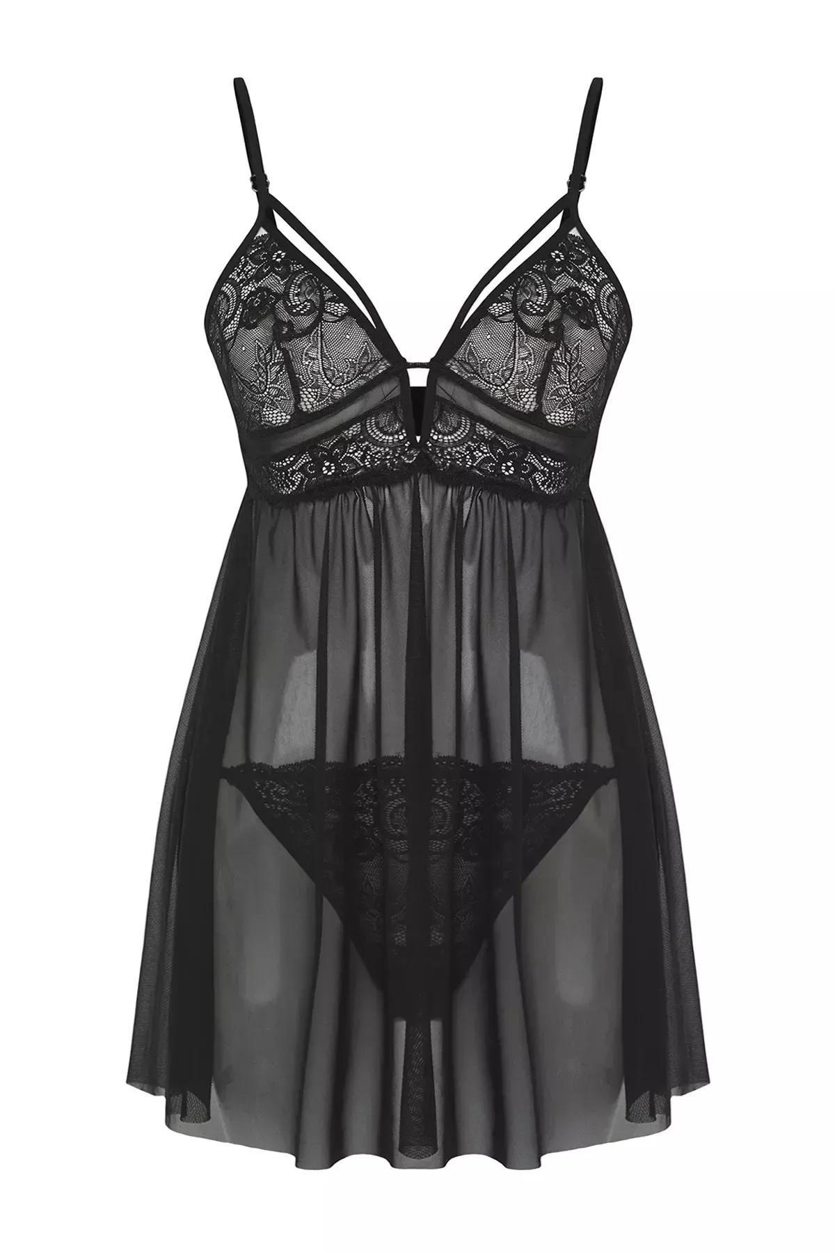 Black Lace Tulle Babydoll, BLACK, large image number 7