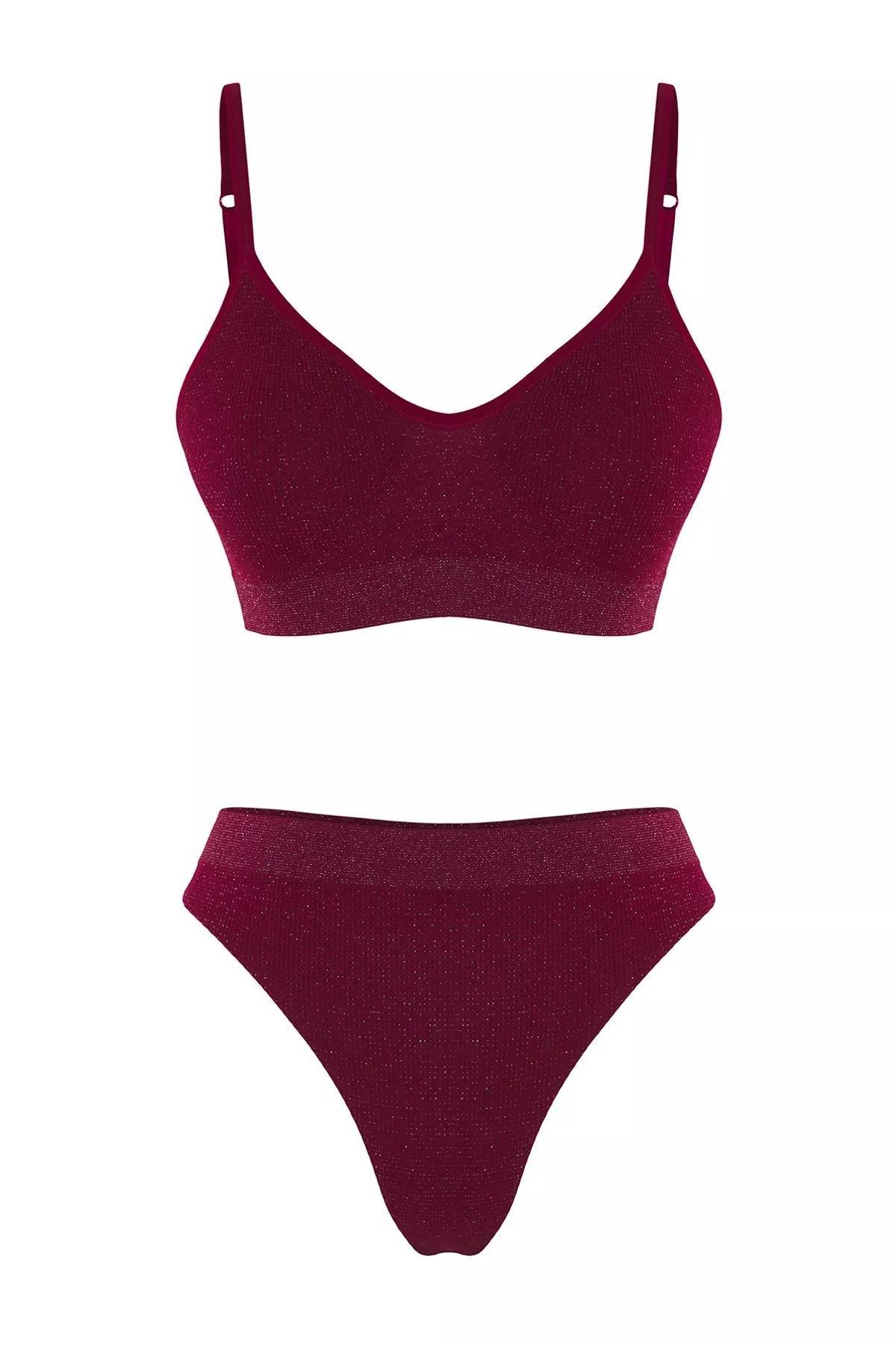 Black Seamless Glittery Knit Underwear Set, Burgundy, large image number 4