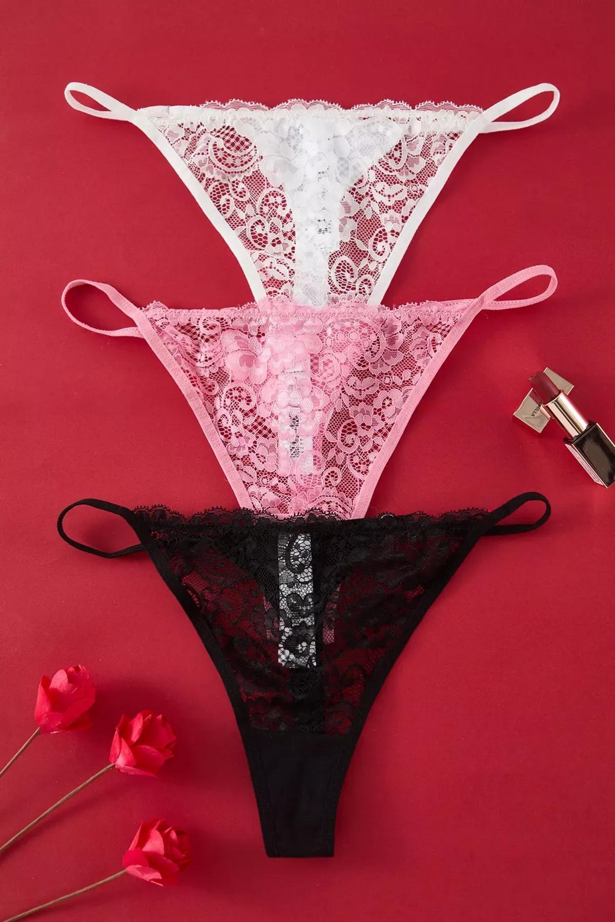 Black-Pink-White Lace Thong Panties, , large image number 0