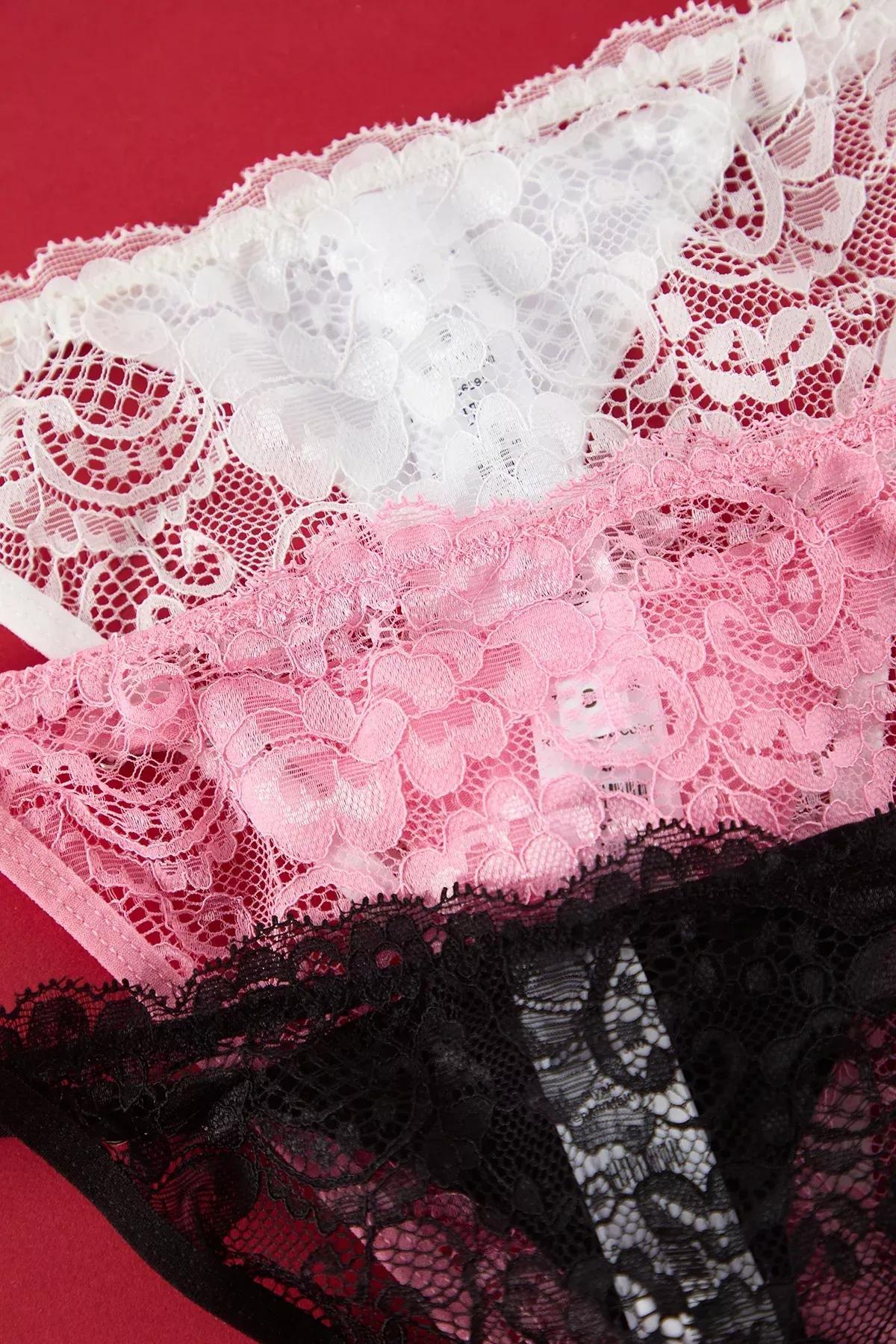 Black-Pink-White Lace Thong Panties, , large image number 1