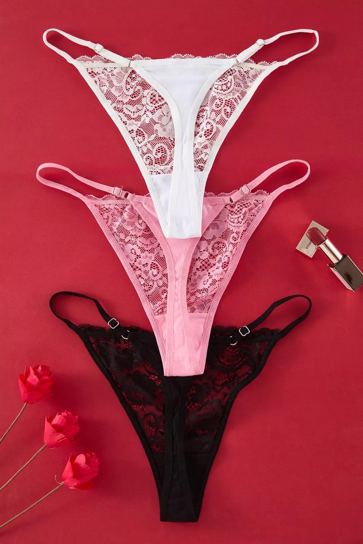 Black-Pink-White Lace Thong Panties, , large image number 2
