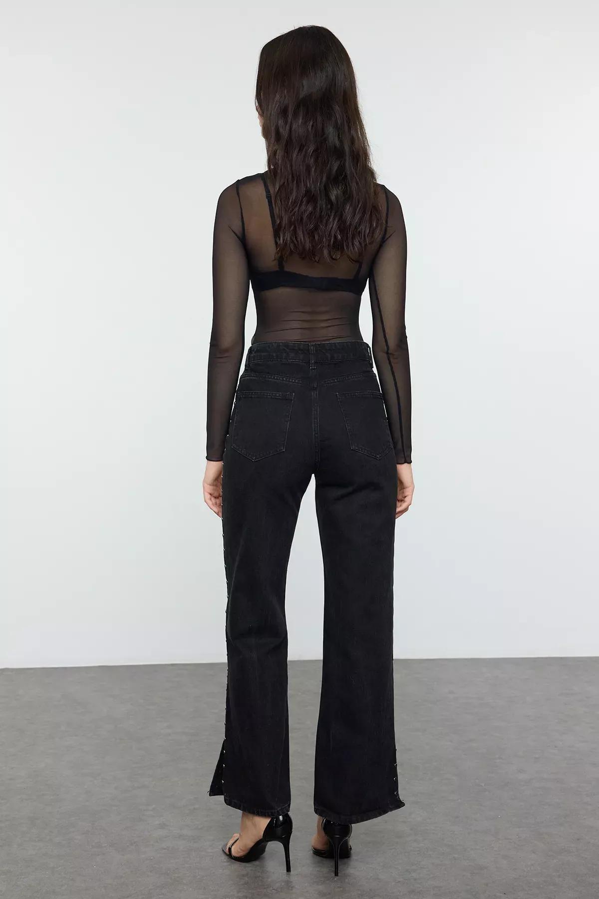 Black High-Waist Wide Leg Jeans, , large image number 4
