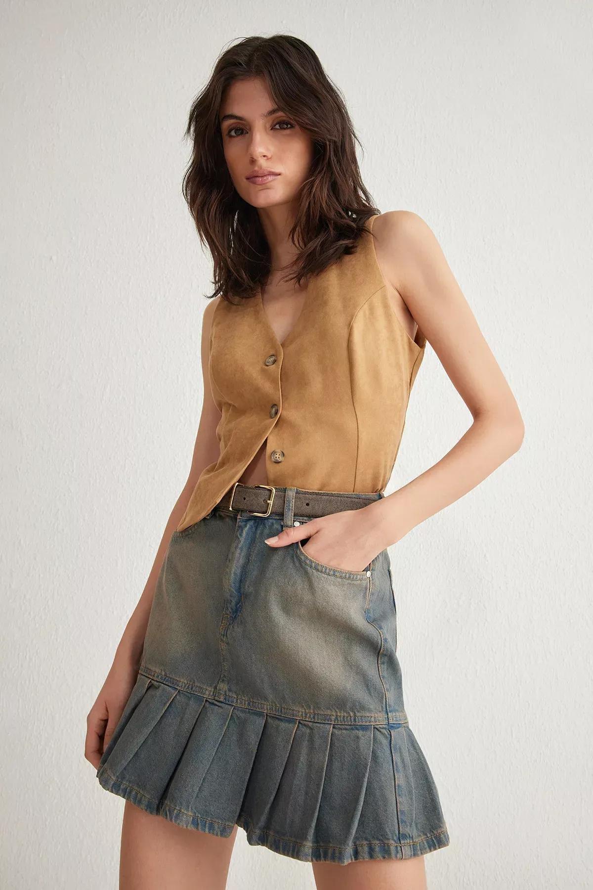 Blue Vintage Pleated Skater Skirt, , large image number 0