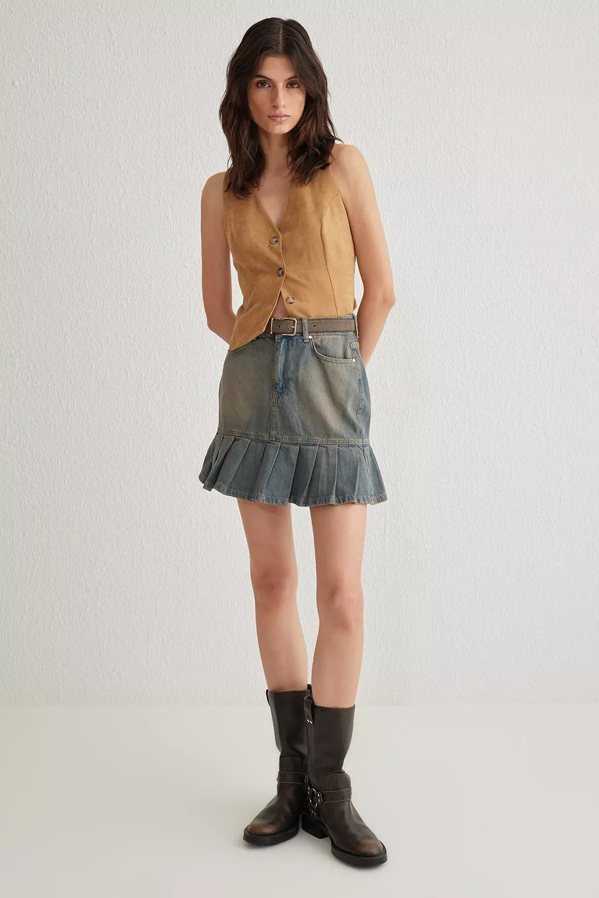 Blue Vintage Pleated Skater Skirt, , large image number 1