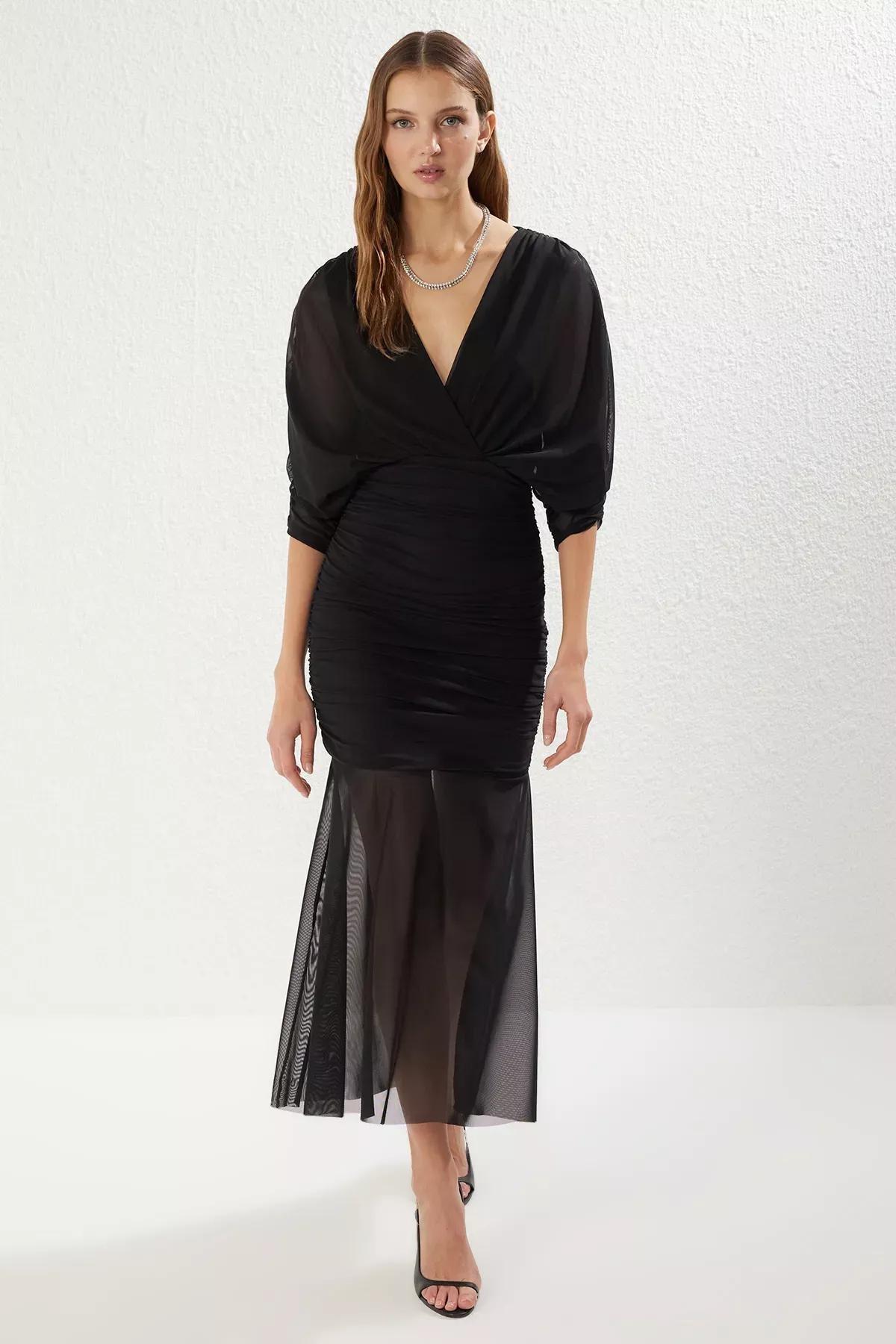 Black Lined Double-Breasted Tulle Knit Dress, , large image number 0