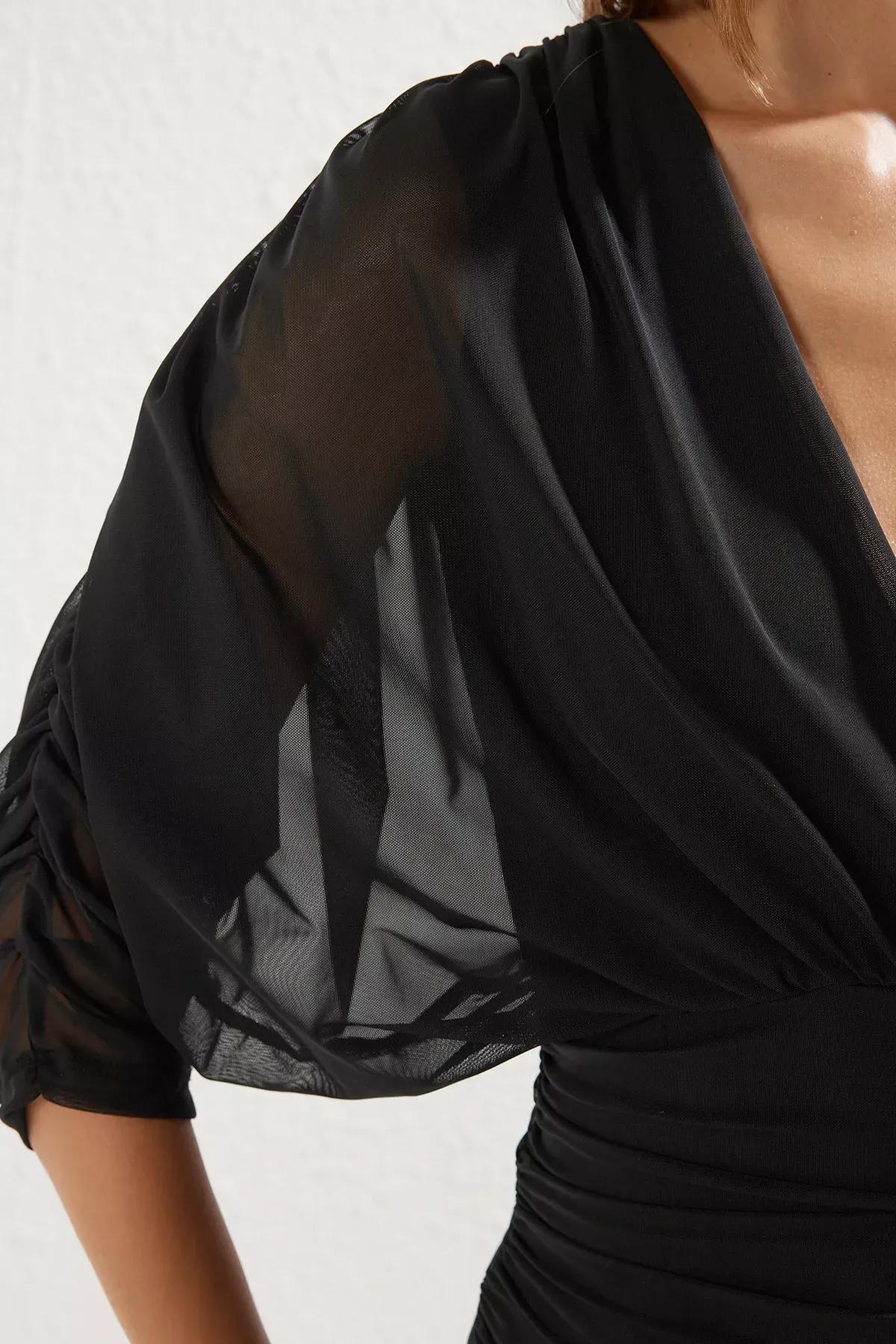 Black Lined Double-Breasted Tulle Knit Dress, , large image number 3