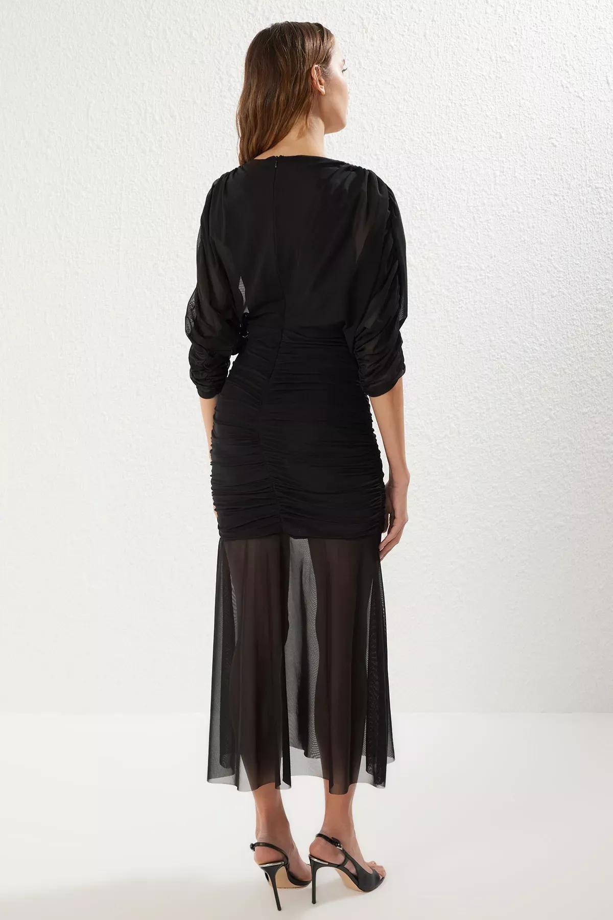 Black Lined Double-Breasted Tulle Knit Dress, , large image number 4