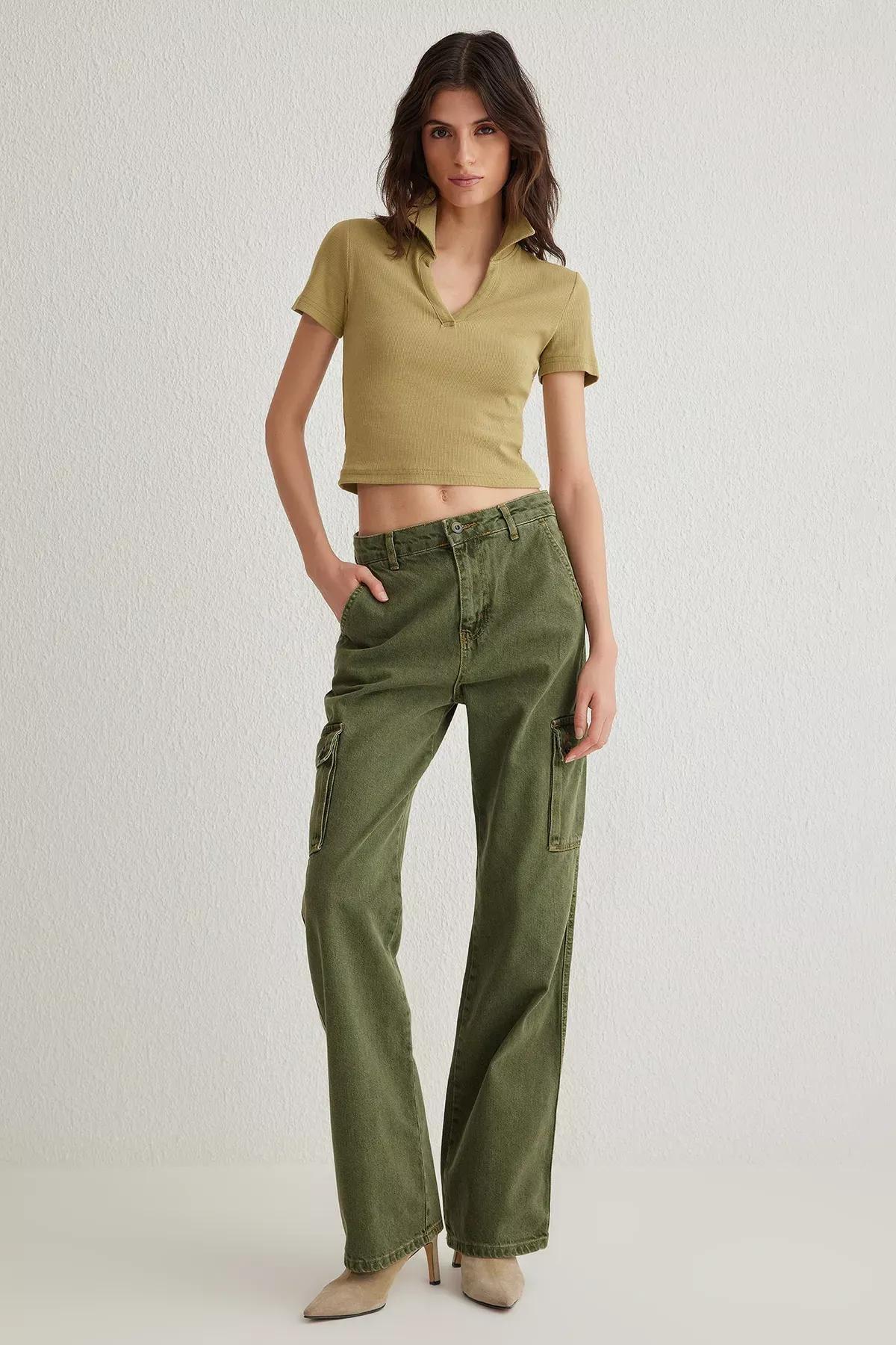 Green Cargo Wide Leg Jeans, Khaki, large image number 0
