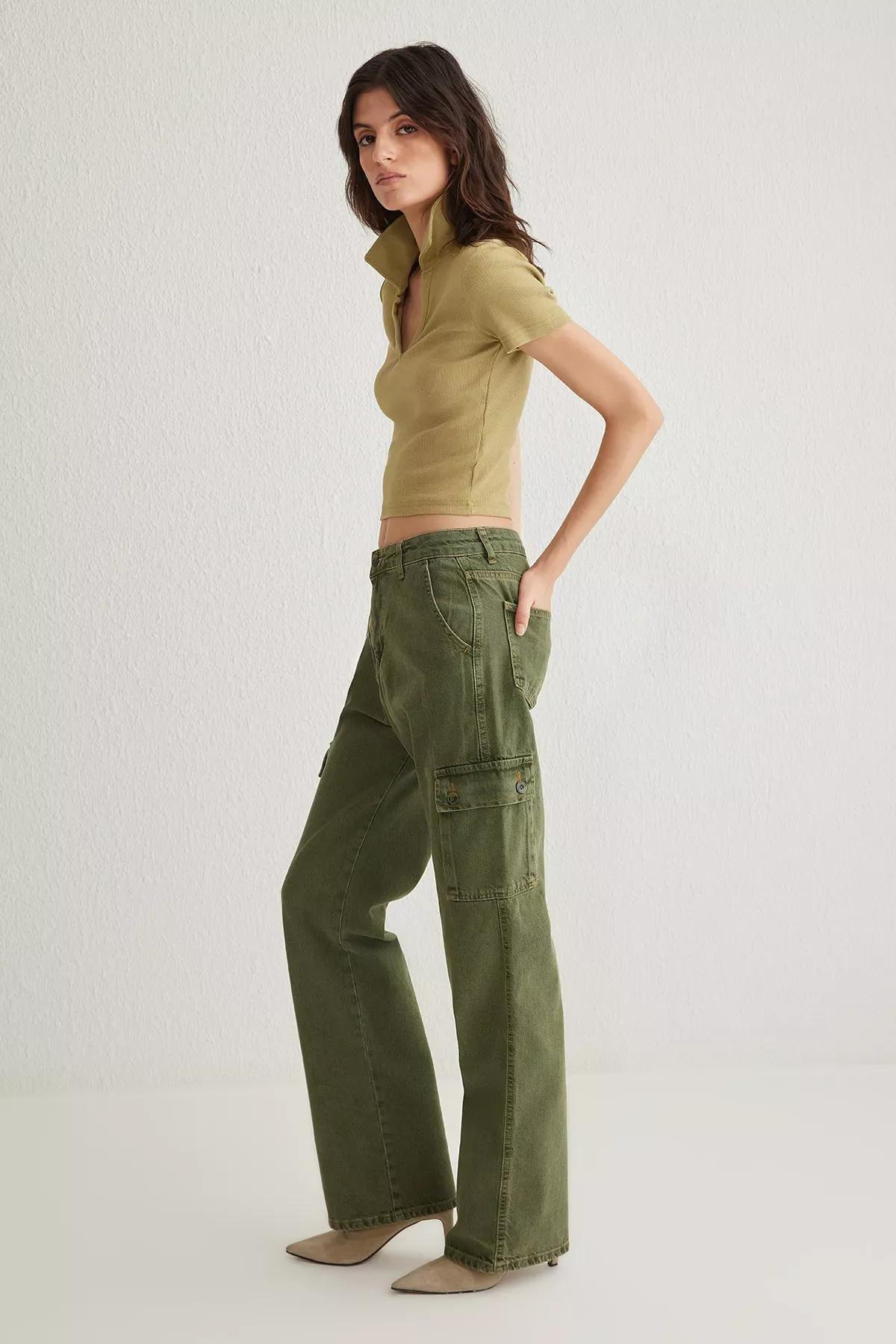 Green Cargo Wide Leg Jeans, Khaki, large image number 1