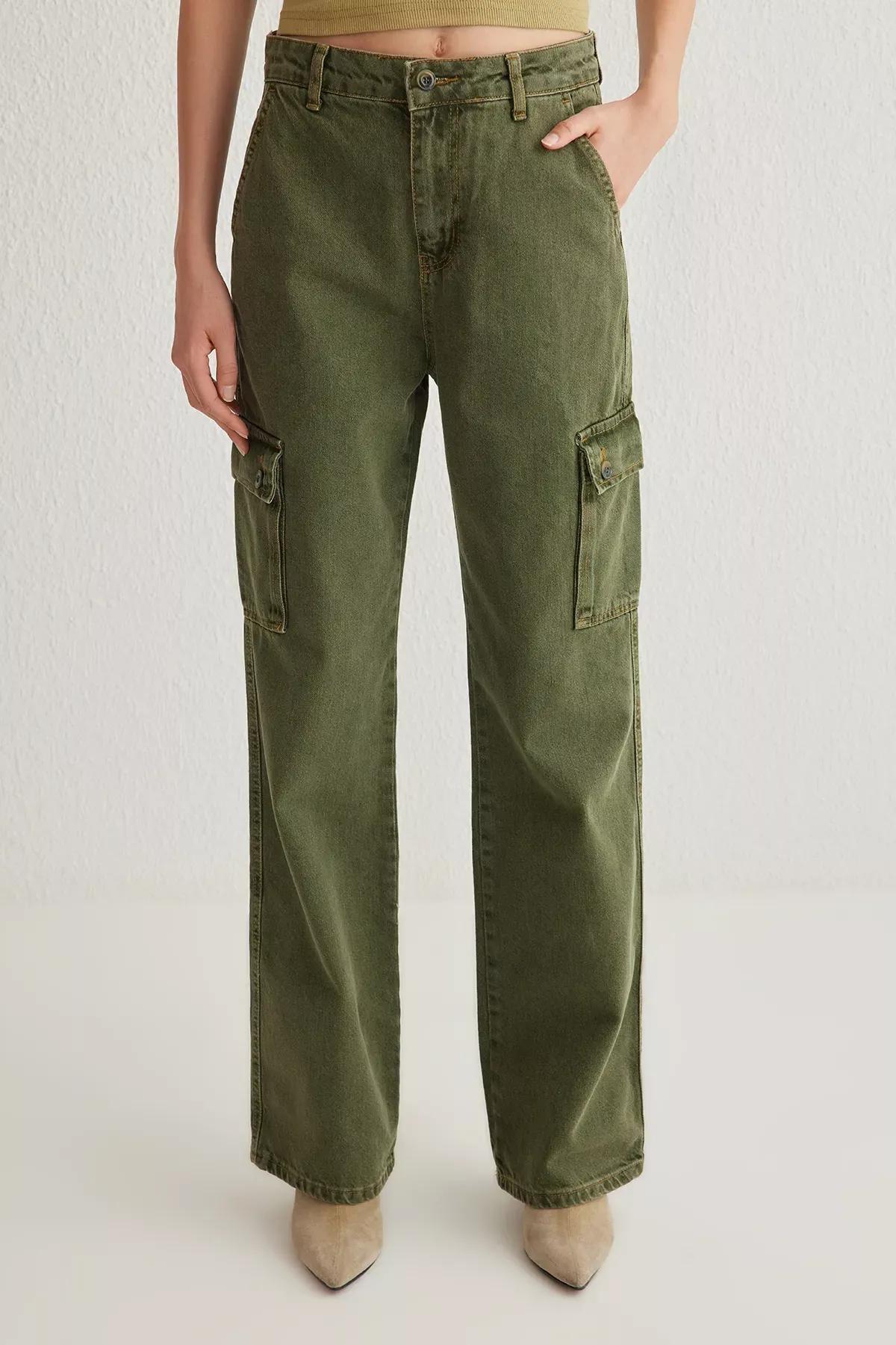 Green Cargo Wide Leg Jeans, Khaki, large image number 2