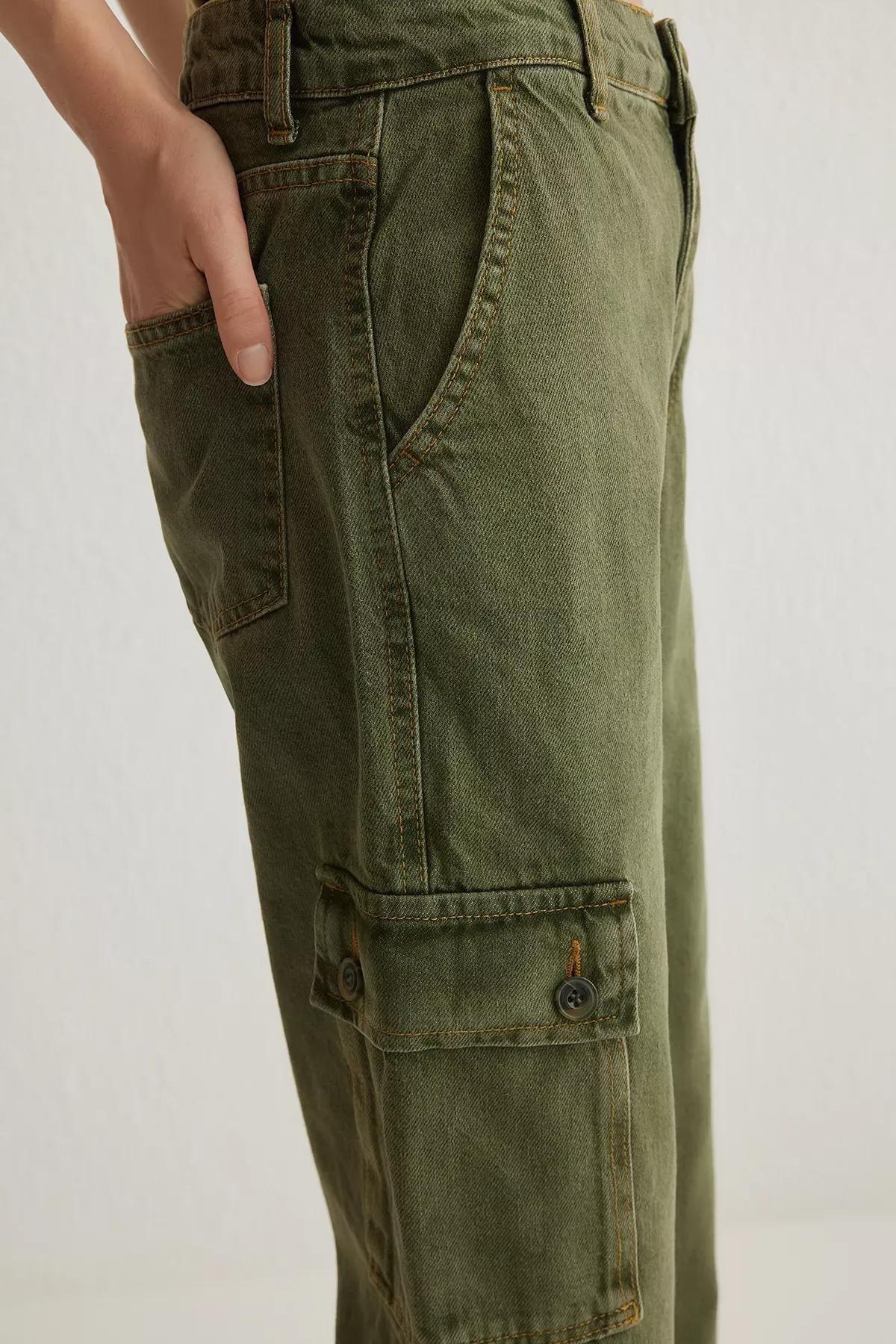 Green Cargo Wide Leg Jeans, Khaki, large image number 3