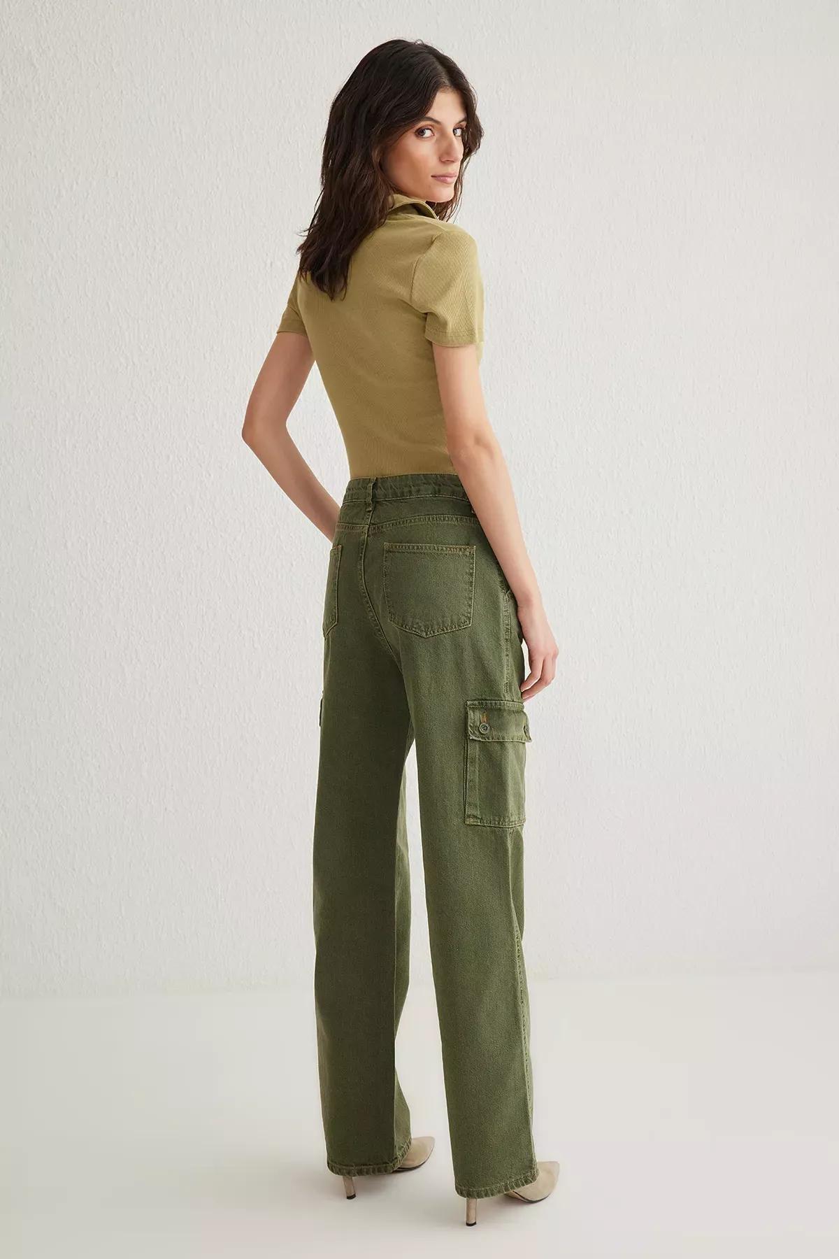 Green Cargo Wide Leg Jeans, Khaki, large image number 4