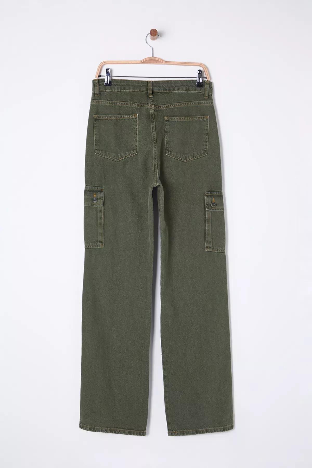 Green Cargo Wide Leg Jeans, Khaki, large image number 7