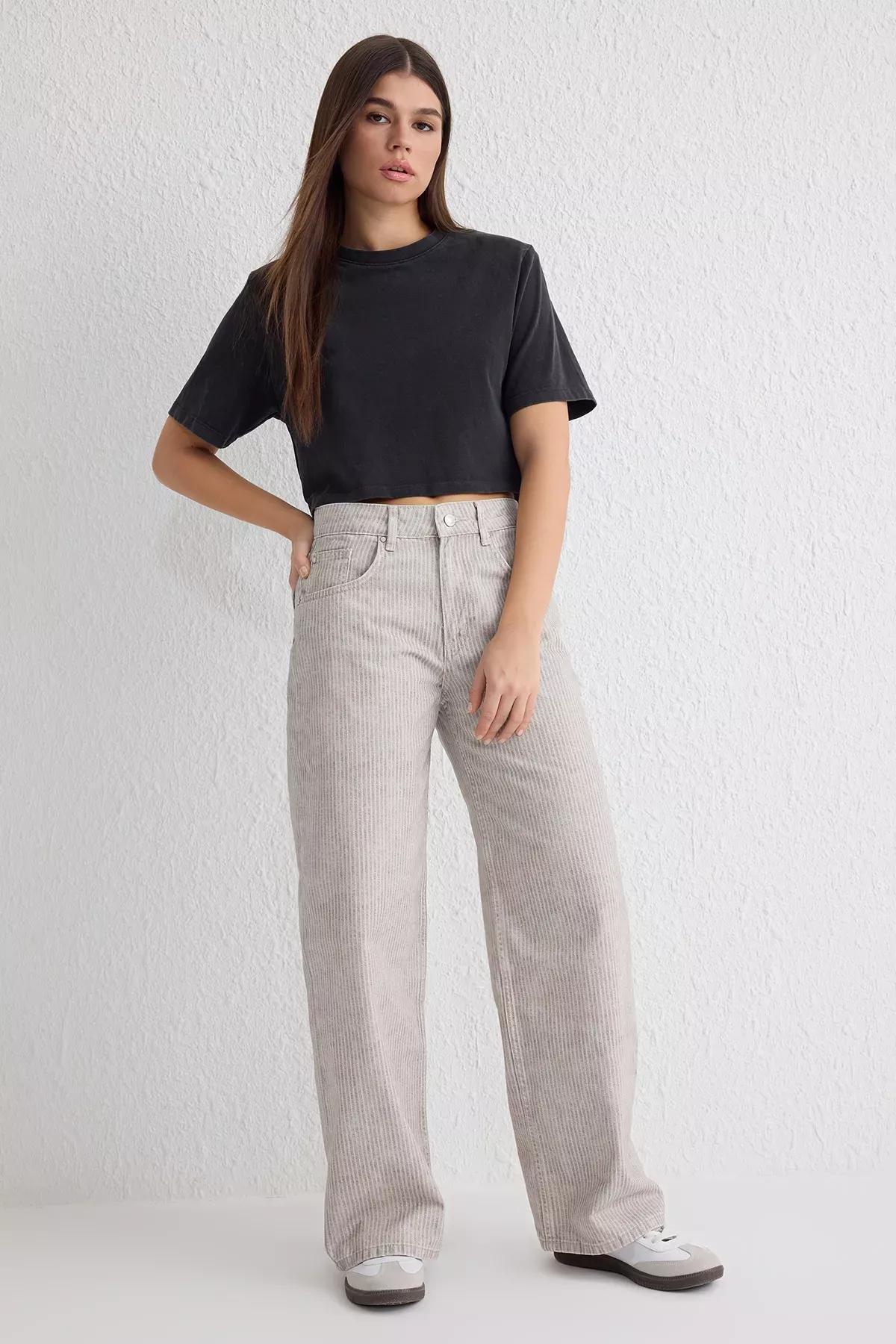 Multicolor Striped Barrel Jeans, , large image number 1
