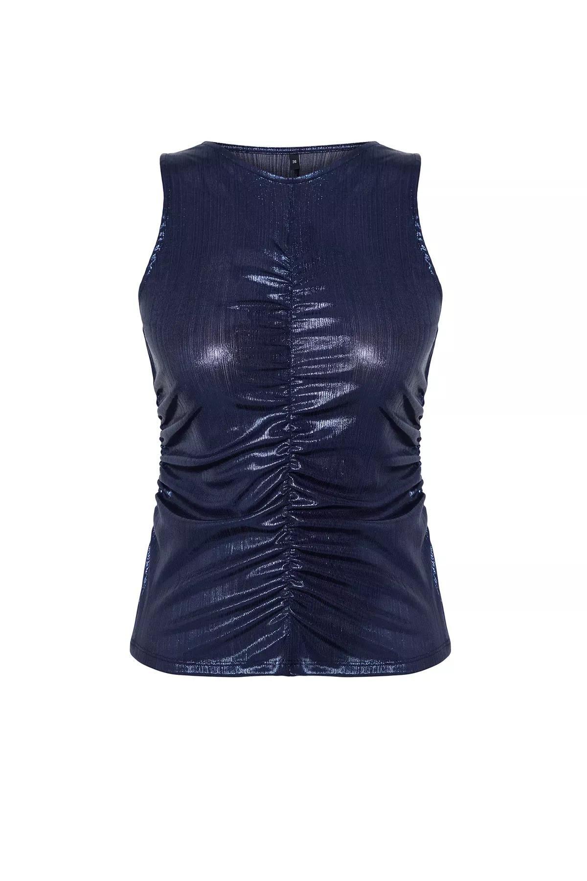 بلوزة مُحاكة بتصميم ميتاليك، كحلي, Navy blue, large image number 1