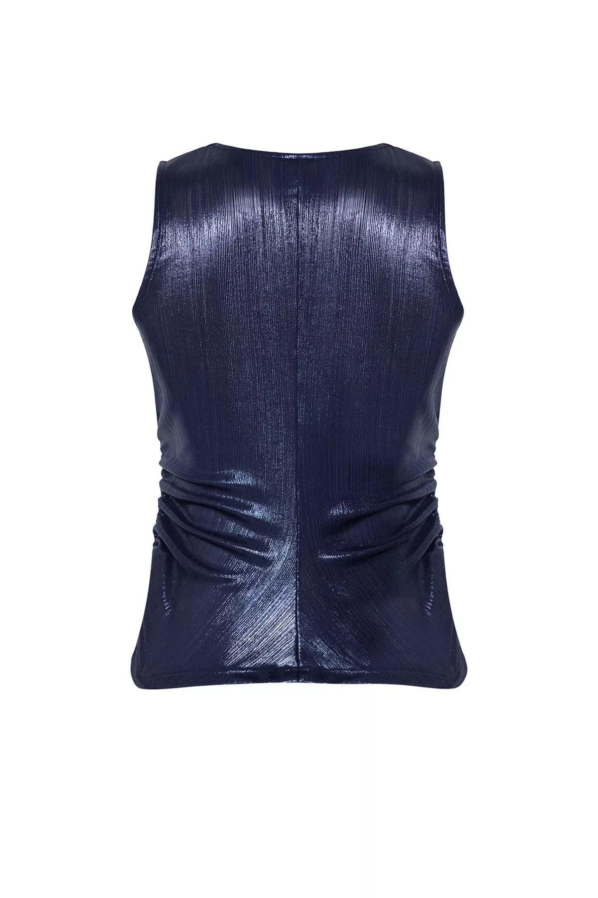 بلوزة مُحاكة بتصميم ميتاليك، كحلي, Navy blue, large image number 6