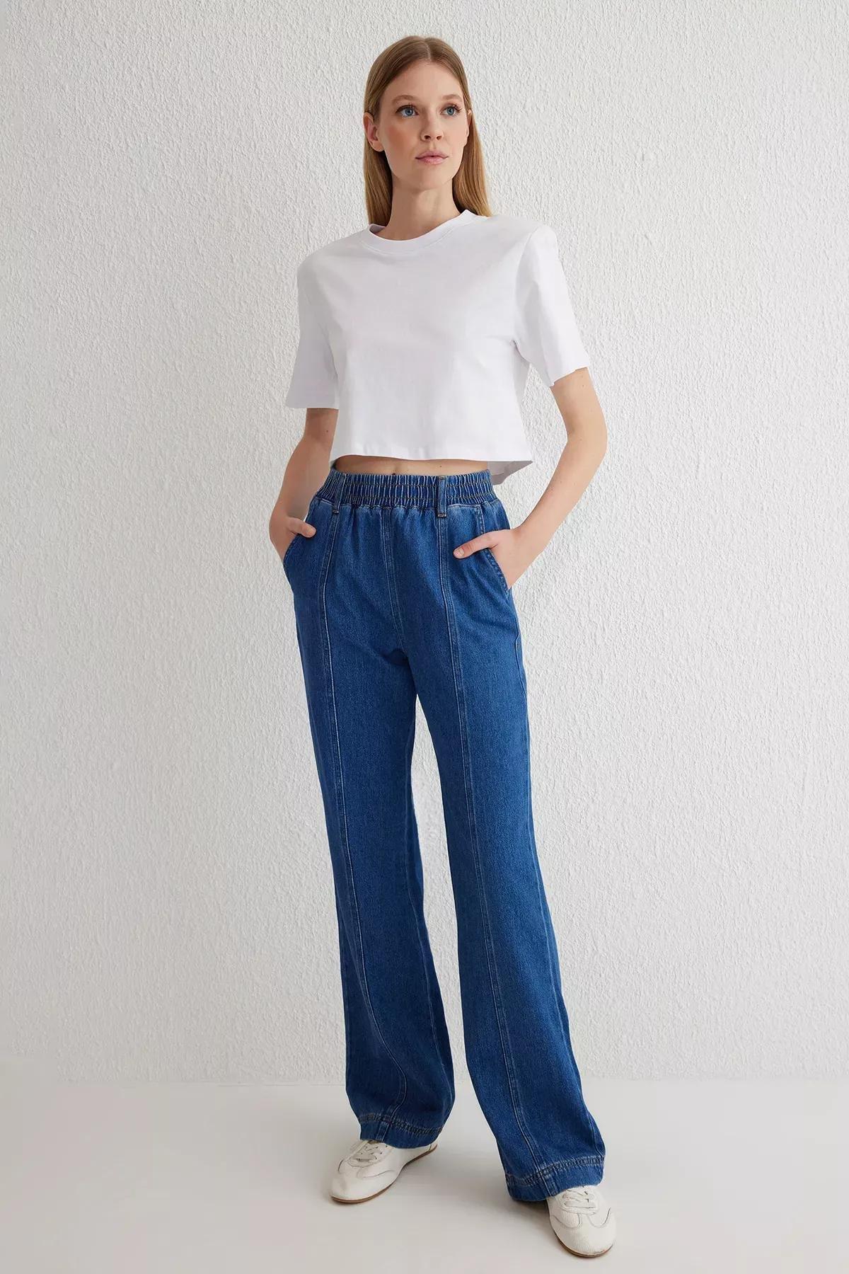 Blue Stitch Elastic Wide Jeans, , large image number 0