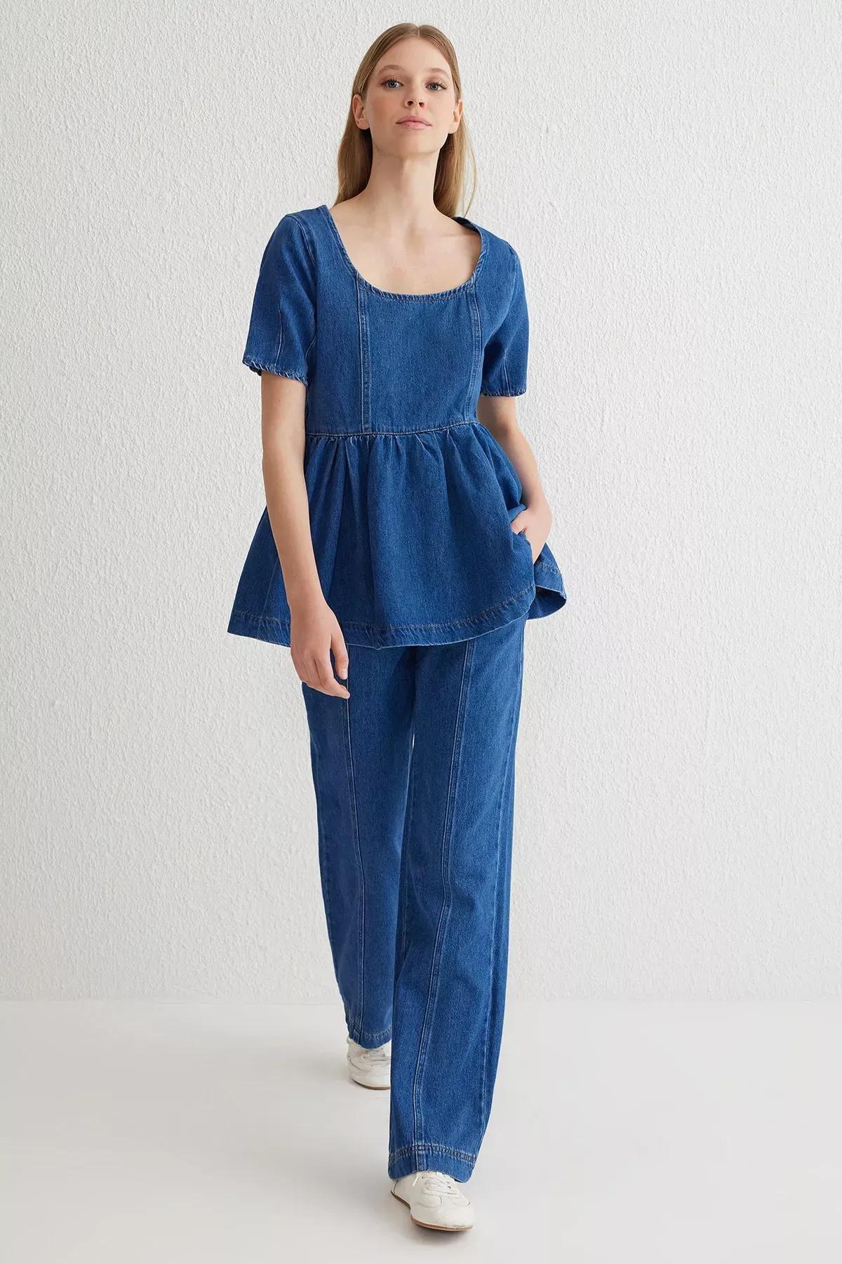 Blue Stitch Elastic Wide Jeans, , large image number 1