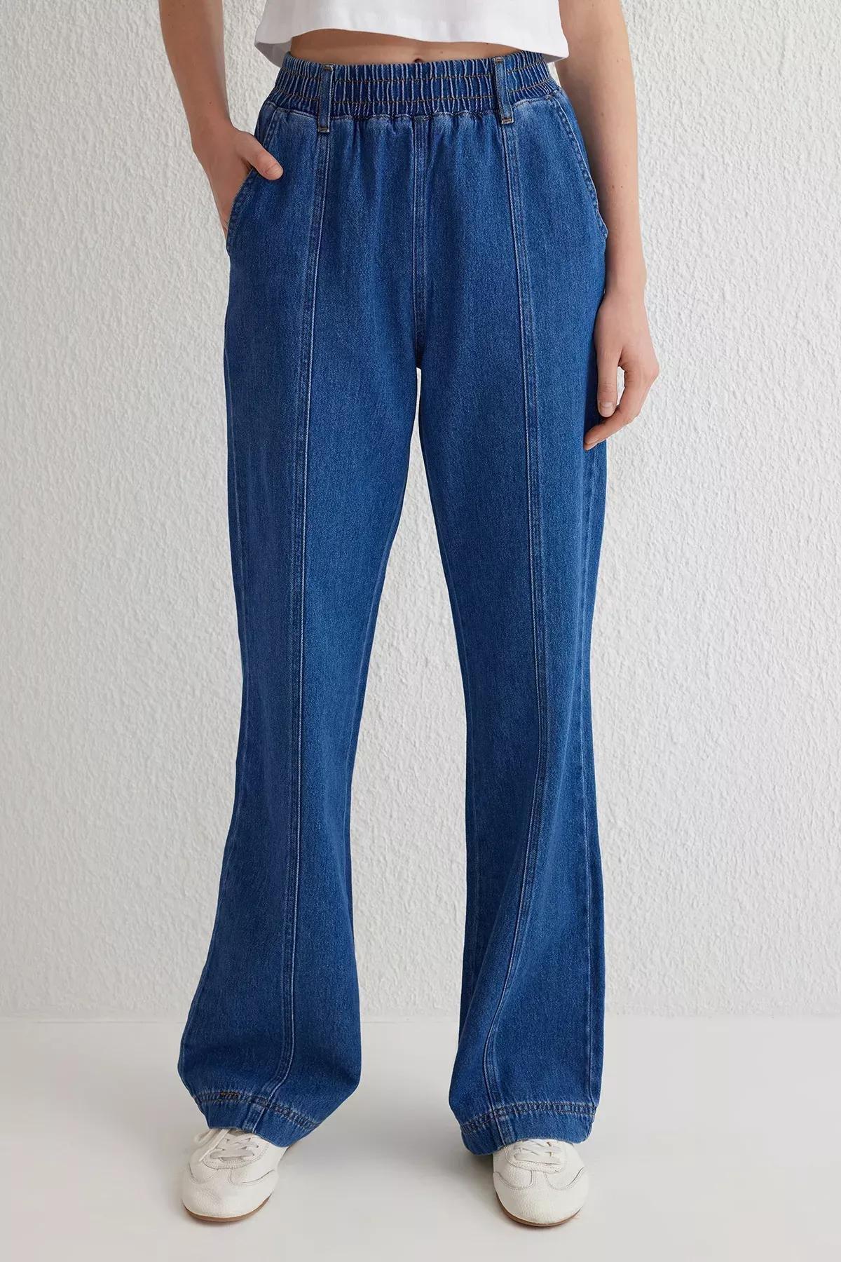 Blue Stitch Elastic Wide Jeans, , large image number 2