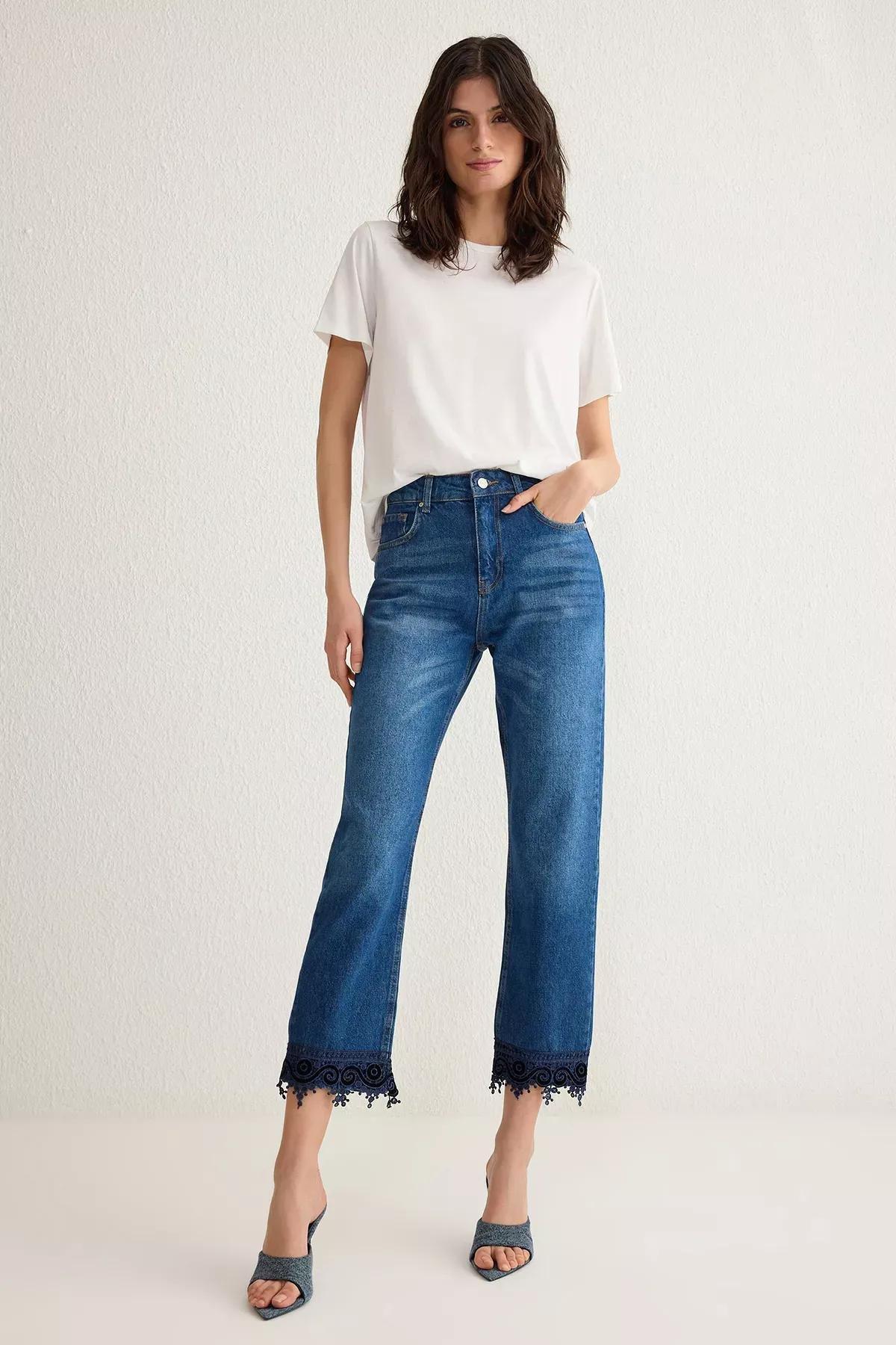 Blue Lace Straight Fit Jeans, , large image number 0