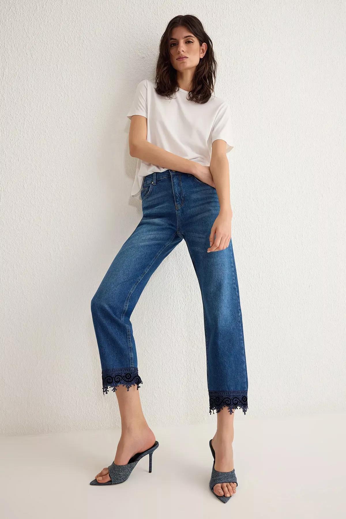Blue Lace Straight Fit Jeans, , large image number 1