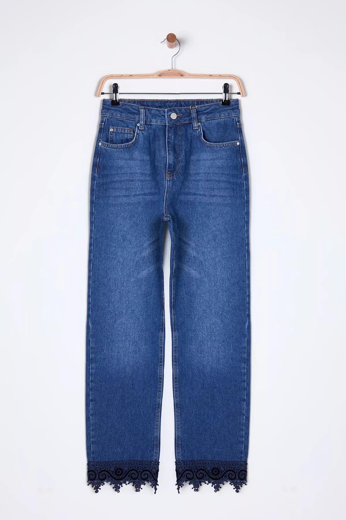 Blue Lace Straight Fit Jeans, , large image number 5
