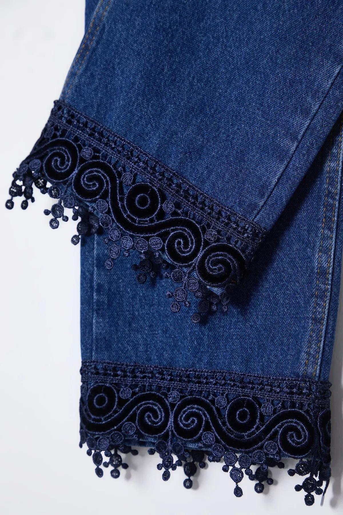 Blue Lace Straight Fit Jeans, , large image number 6