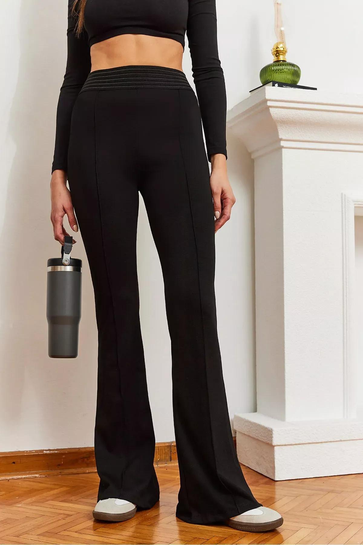 Black Flare Leggings Pants, BLACK, large image number 0