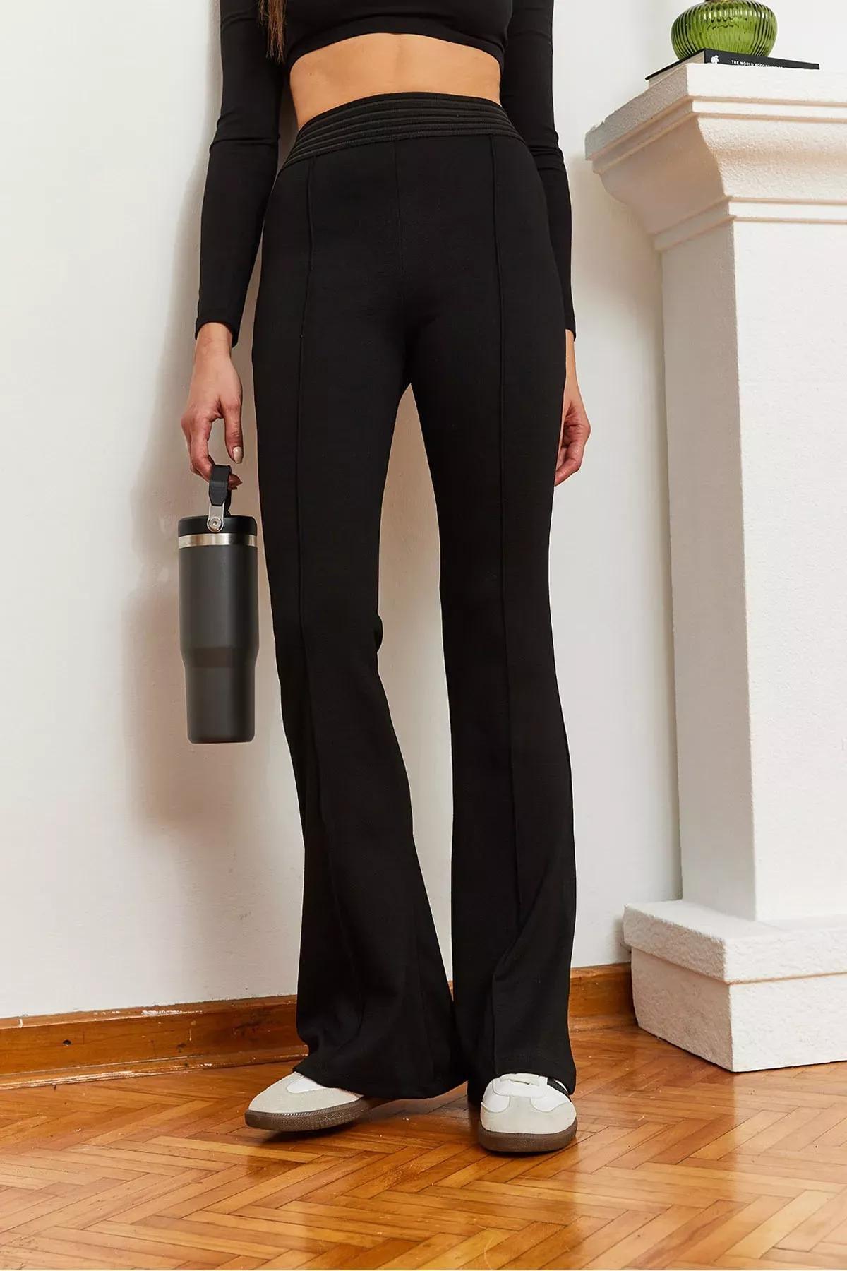 Black Flare Leggings Pants, BLACK, large image number 1