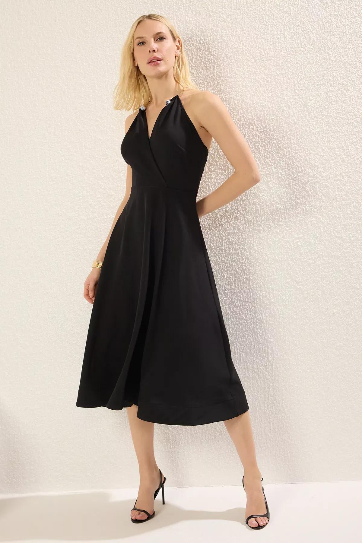 Black Detachable Neck Accessory Dress, BLACK, large image number 0