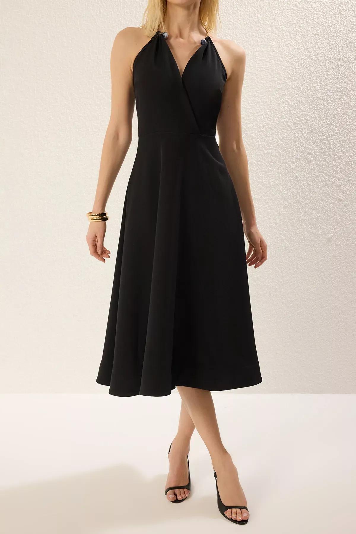 Black Detachable Neck Accessory Dress, BLACK, large image number 2