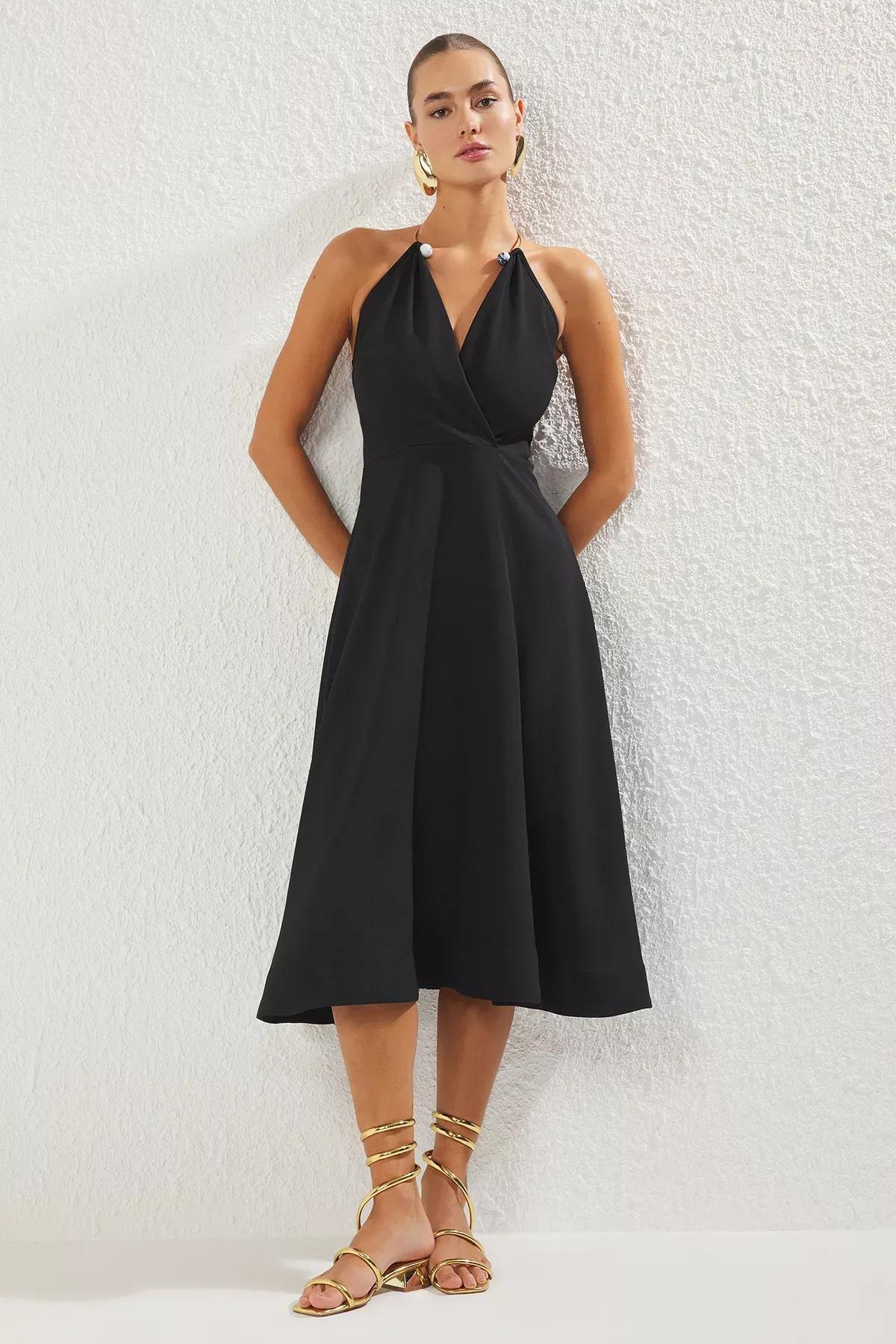 Black Detachable Neck Accessory Dress, BLACK, large image number 5