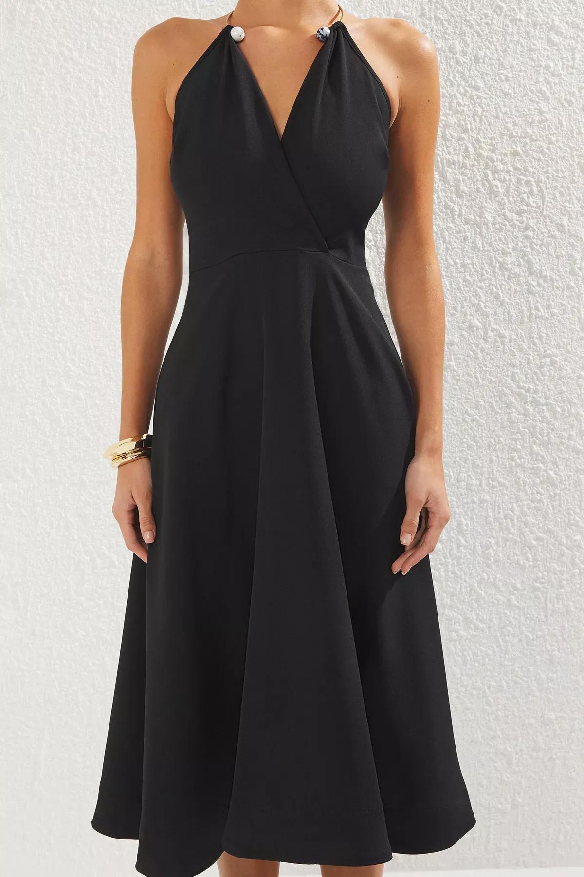 Black Detachable Neck Accessory Dress, BLACK, large image number 6